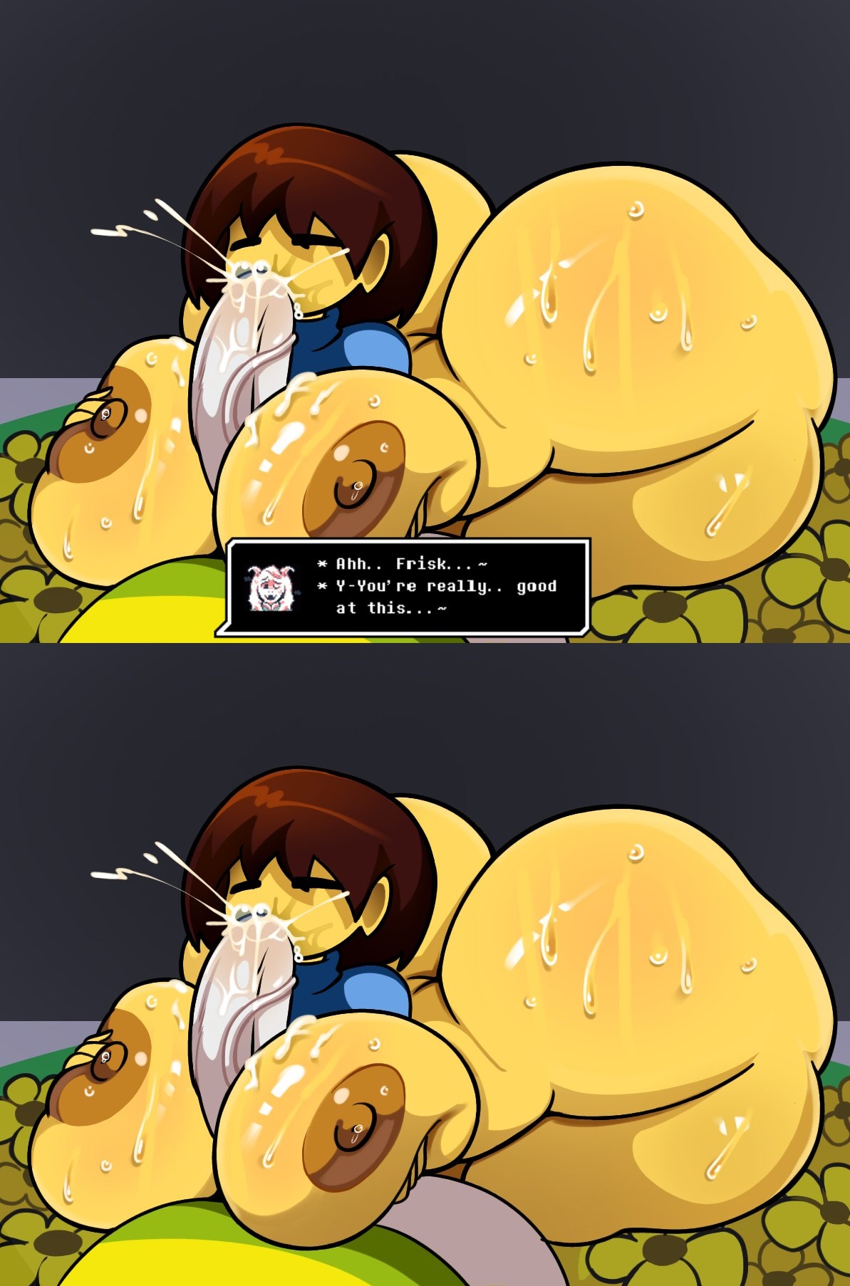 1boy, 1boy1girl, 1girls, 2d, 2d (artwork), asriel dreemurr, big ass, big breasts, boxgarten, cum, cum in mouth, female frisk, frisk, frisk (undertale), garten box, huge ass, huge breasts, paizuri, thick thighs, undertale, undertale (series)