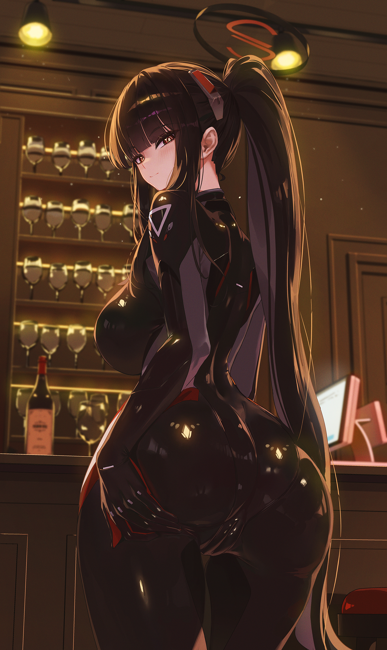 1girl, absurdres, ass, back, bar counter, bar stool, black bodysuit, black hair, black halo, blue archive, blunt bangs, bodysuit, bottle, breasts, cameltoe, cash register, ceiling light, commentary request, cowboy shot, cup, drinking glass, female, female only, fieryonion, from behind, halo, hand on own ass, high ponytail, highres, huge breasts, indoors, large breasts, latex, latex bodysuit, light bulb, long hair, looking at viewer, looking back, multicolored halo, official alternate costume, ponytail, red eyes, rio (armed) (blue archive), rio (blue archive), smile, solo, standing, stool, two-tone halo, very long hair, wine bottle, wine glass