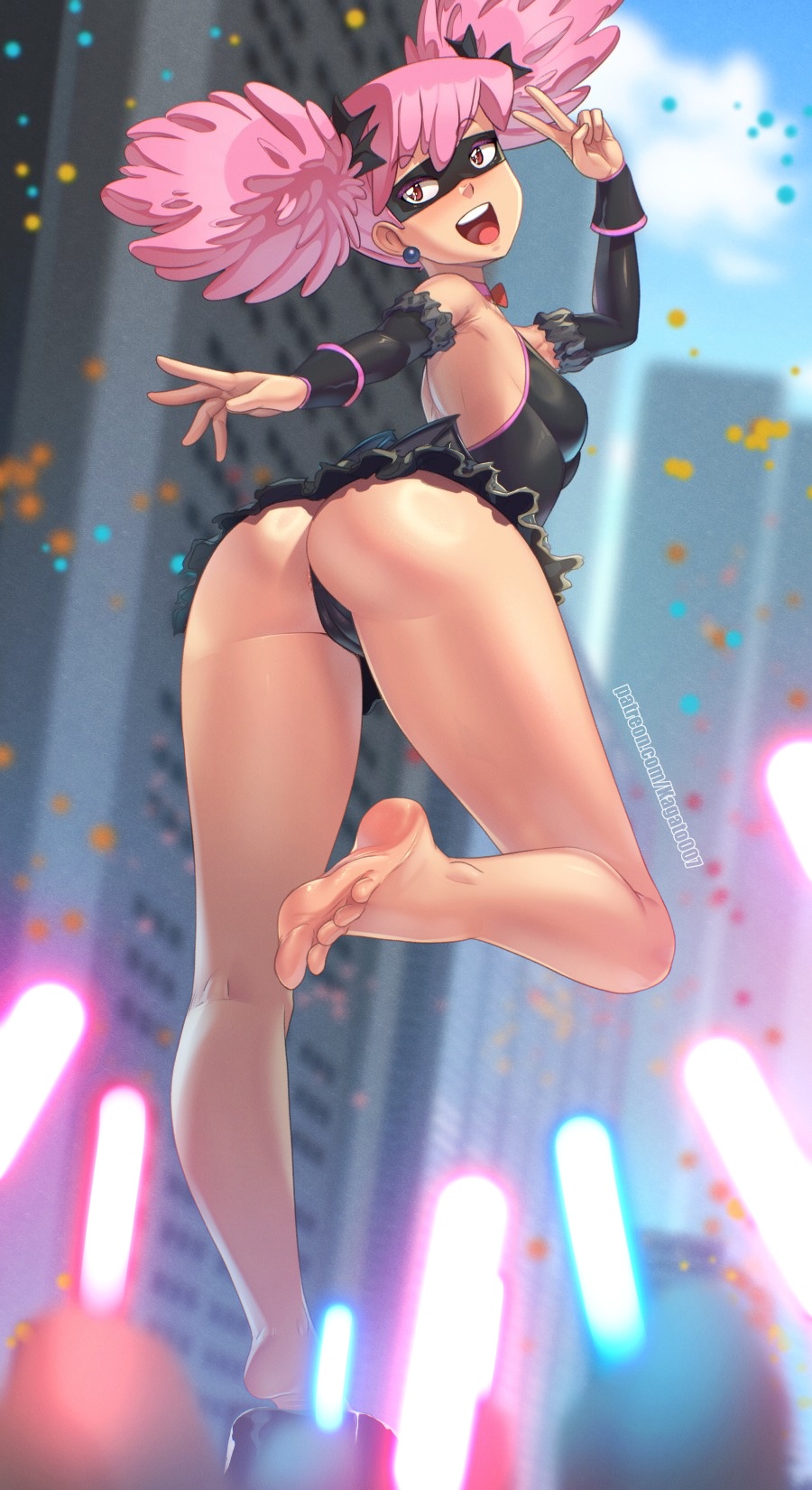 1girls, alternate version available, anus, anus peek, armpits, ass, ball earrings, barefoot, black boots, black dress, black gloves, boku no hero academia, breasts, cameltoe, confetti, crowd, dress, elbow gloves, eye mask, feet, female, female only, from behind, full body, gloves, glowstick, haneyama kazuho, highres, holding, holding glowstick, kagato007, kazuho haneyama, large breasts, light skin, light-skinned female, looking at viewer, looking back, medium hair, my hero academia, pink hair, pink-haired female, pop step, pussy, red eyes, short twintails, small breasts, smile, solo, standing, standing on one leg, teeth, toes, twintails, upper teeth, v, vigilante: my hero academia illegals