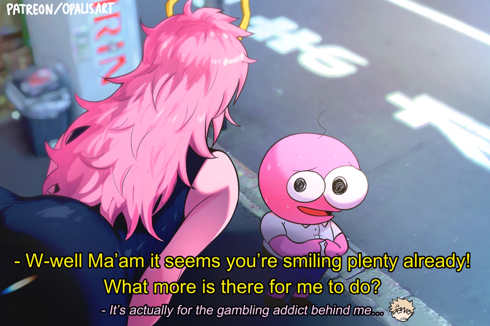 1girl, 2boys, ashido mina, ashido mina time-skip, ass, bakugou katsuki, black sclera, blonde hair, boku no hero academia, breasts, colored sclera, colored skin, commentary, english commentary, english text, highres, horns, looking at viewer, mina ashido, mina ashido time-skip, multiple boys, my hero academia, my hero academia (finale), opalis, open mouth, pim (smiling friends), pink hair, pink skin, post-timeskip, short hair, smile, smiling friends, spiked hair, subtitled, yellow eyes