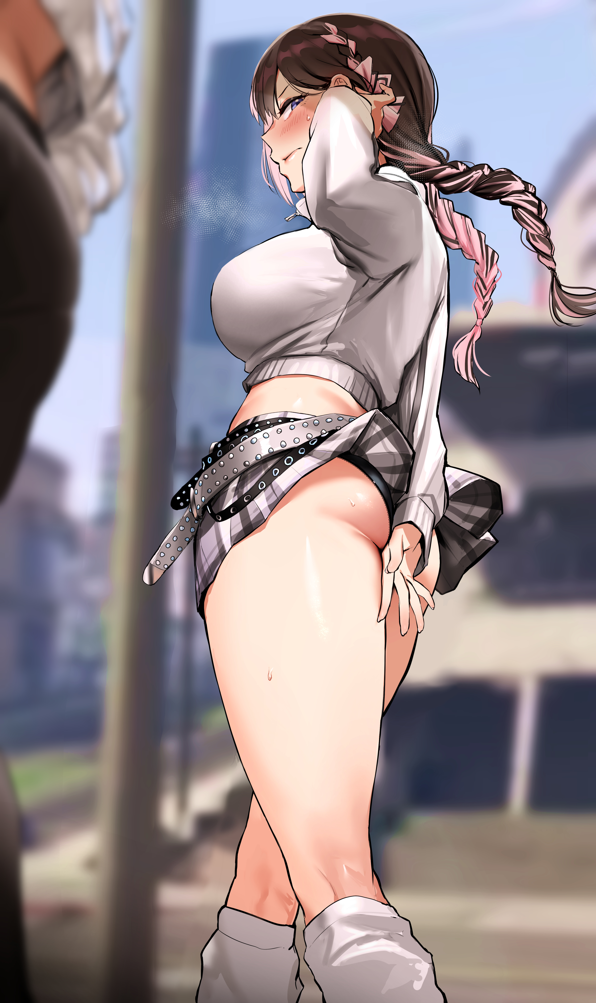2girls, 3d background, ass, belted skirt, beltskirt, black underwear, blushing female, brown hair, cityscape, embarrassed, embarrassed female, exposed ass, female only, grand theft auto, grand theft auto online, high resolution, large breasts, lifted skirt, pencil skirt, pink hair, plaid skirt, purple eye, sanuki (kyoudashya), sideboob, skirt, skirt lifted, skirt lifted by self, tachibana hinano, tachibana hinano (vtuber), tagme, twintails, vcr gta, virtual youtuber, vspo!, walking