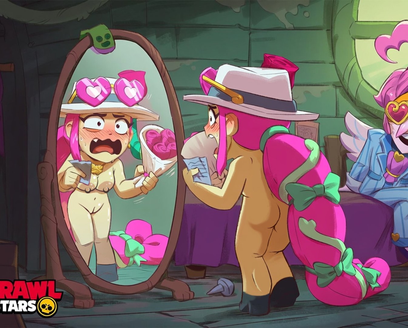 1girls, 2d, alli (brawl stars), areola, areolae, baddie alli (brawl stars), black eyes, black shoes, blush, blush lines, blushing, braid, braided hair, brawl stars, breasts, breasts out, digital media, digital media (artwork), edit, edited art, fangs, fedora, female, female focus, green skin, hat, headwear, holding, holding bouquet, holding object, medium breasts, mirror, mirror reflection, nipples, nude, nude edit, official artwork edit, open eyes, pink hair, pussy, shoes, shoes only, supercell, white hat