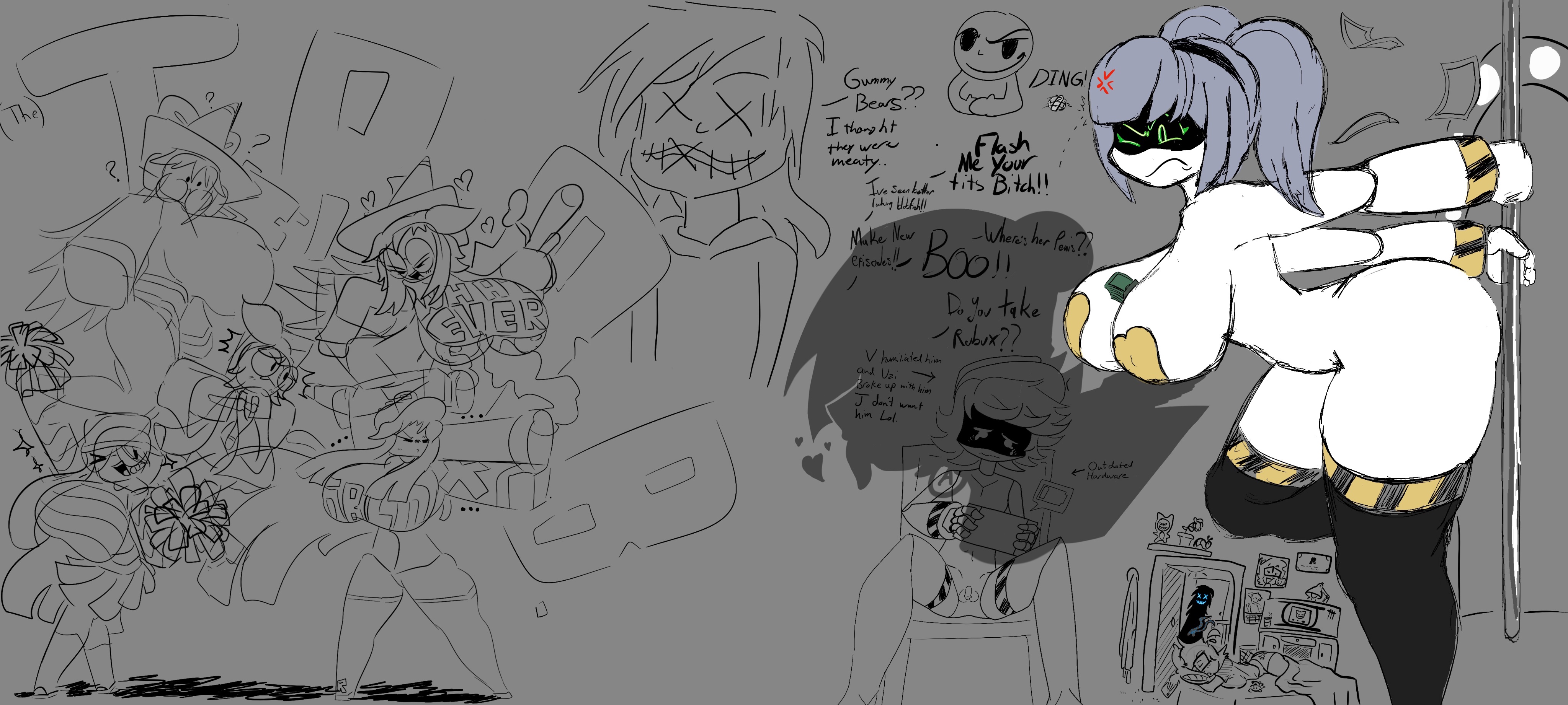 big ass, big balls, big breasts, big butt, bombbeanie, cuck, cuck chair, cuck chair (meme), cuck watching, cuckold, get mad, n fan, ghastlypann, glitch productions, humiliated, humiliated male, humiliation, i dont know the characters besides someones, i dont know what to tag, j (murder drones), male humiliation, money, money between breasts, multiple artists, multiple boys, multiple characters, multiple girls, murder drones, n (murder drones), pole, pole dancing, robot, robot boy, robot girl, robot humanoid, serial designation j, serial designation n, sketch, small penis, small penis humiliation, thebombbeanie, uzi (murder drones), uzi doorman