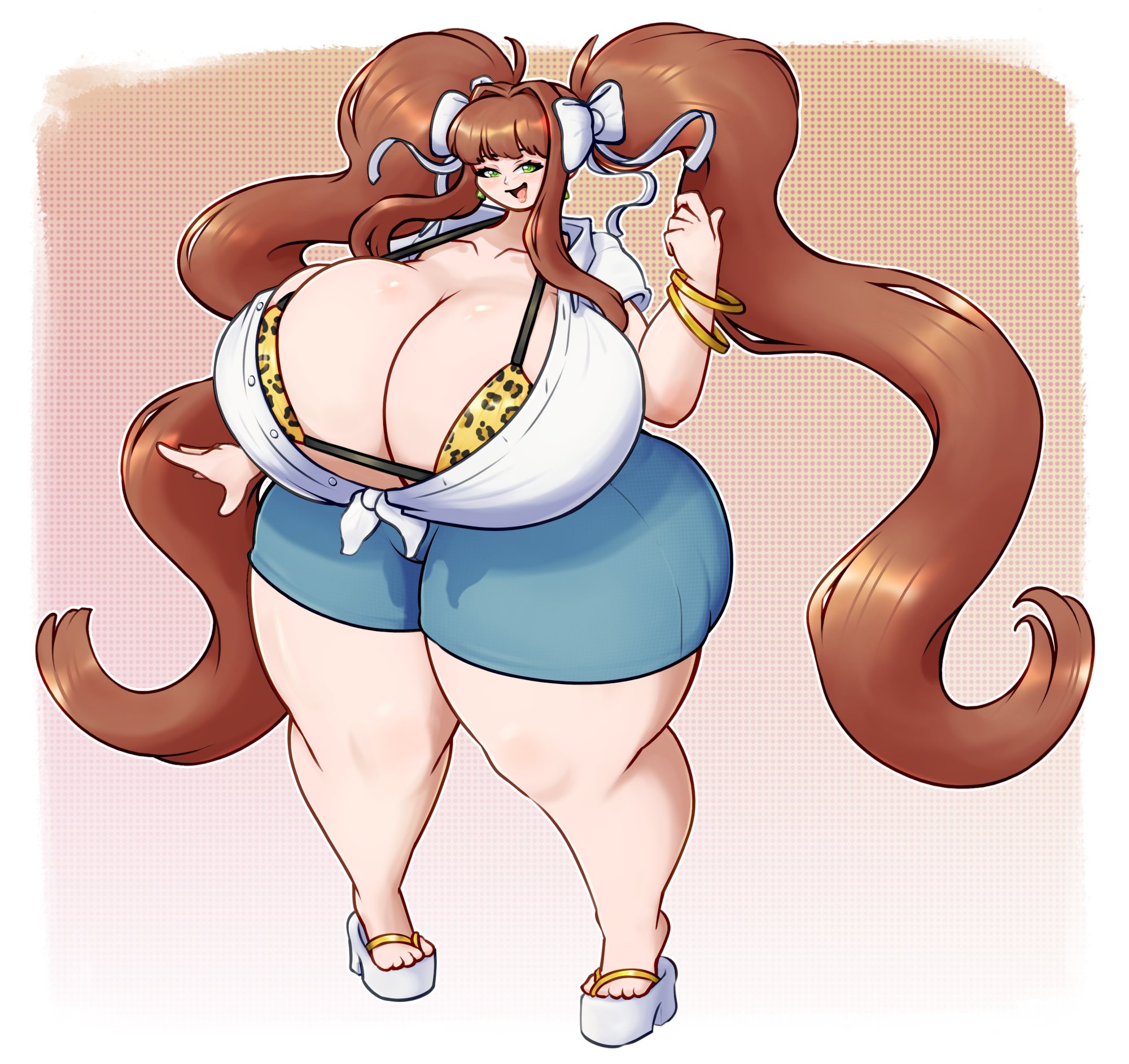 1girl, 1girls, blue shorts, bow, bows, bracelet, breasts, brown hair, doki doki literature club, female, giant breasts, gold bracelet, gold jewelry, green eyes, gyaru, heels, huge breasts, hyper breasts, leopard print, leopard print bikini, long hair, monika (doki doki literature club), mouth open, red eclipse, solo, solo female, thick thighs, thighs, twintails, white bow