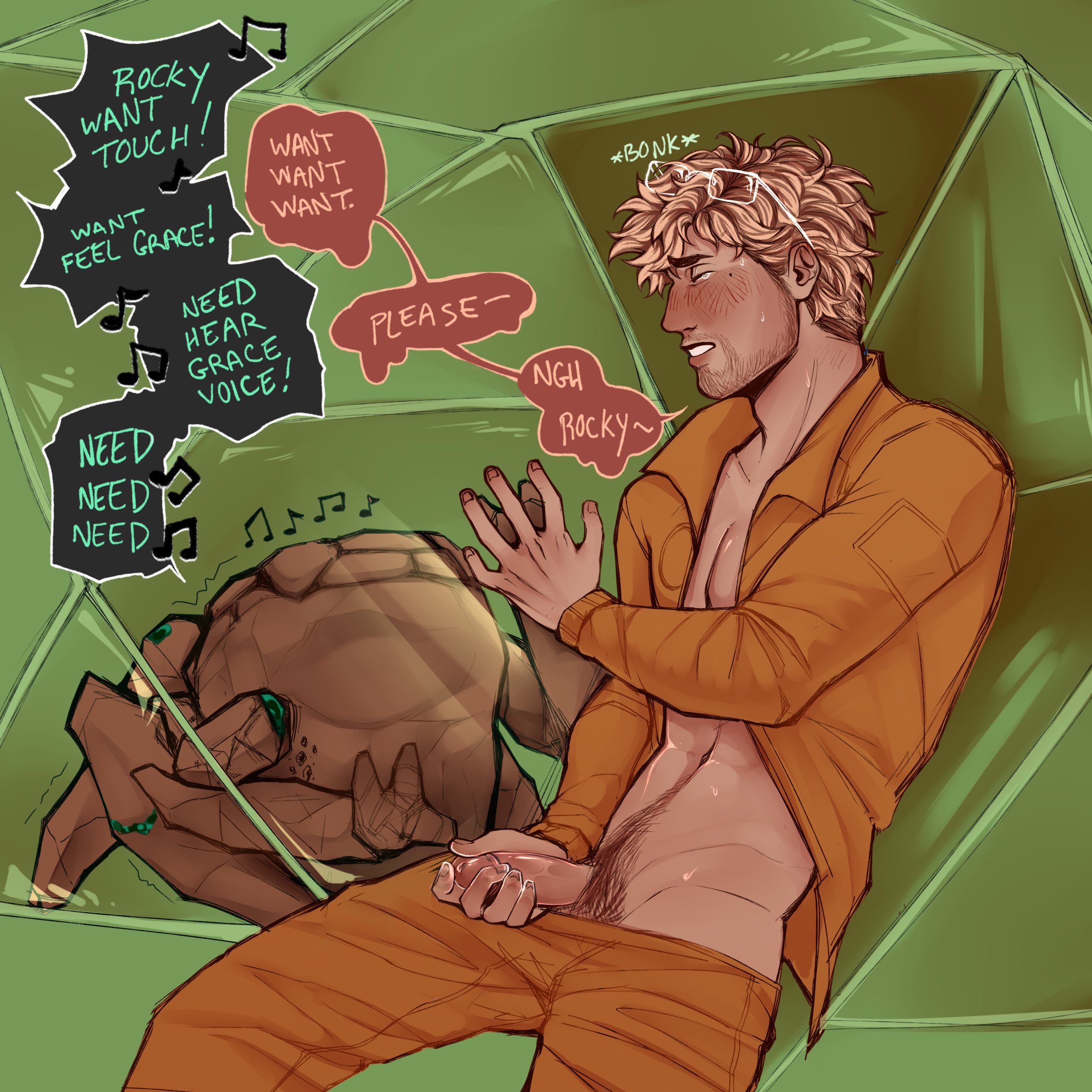 alien/human, artist request, begging, english text, exophilia, male, masturbating while watching, masturbation, project hail mary, rocky (project hail mary), ryland grace, submissive male, watching masturbation, xenophilia