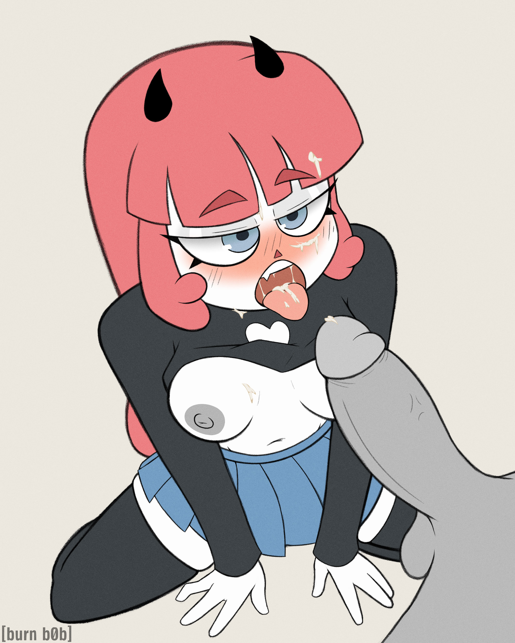 1boy, 1girls, anonymous male, burnbob, cum, cum on face, kneeling, lavendertowne, pink hair, shirt lift, thighhighs, youtube, youtuber, youtuber girl