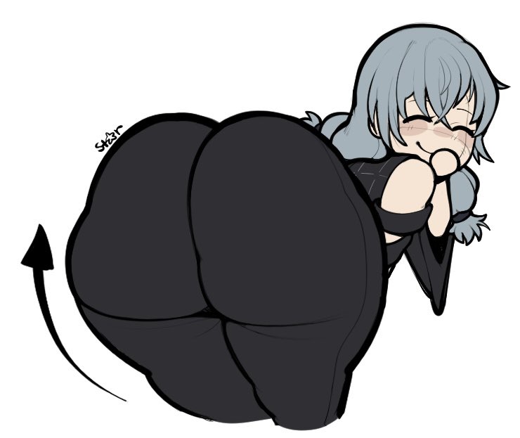1boy, arrow, ass, bending over, bent over, big ass, big butt, butt, closed eyes, fat ass, fat butt, fully clothed, huge ass, huge butt, jujutsu kaisen, looking back, mahito (jujutsu kaisen), male, male only, smile, solo, sugarystarfish, thick ass, thick butt, white background