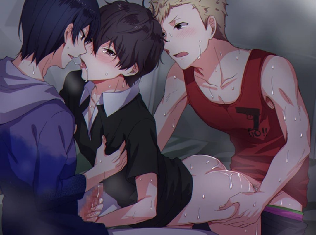 akira kurusu, anal, blowjob, femboy, gay, joker (persona), male, male only, persona, persona 5, ren amamiya, ryuji sakamoto, trio, yaoi, yusuke kitagawa