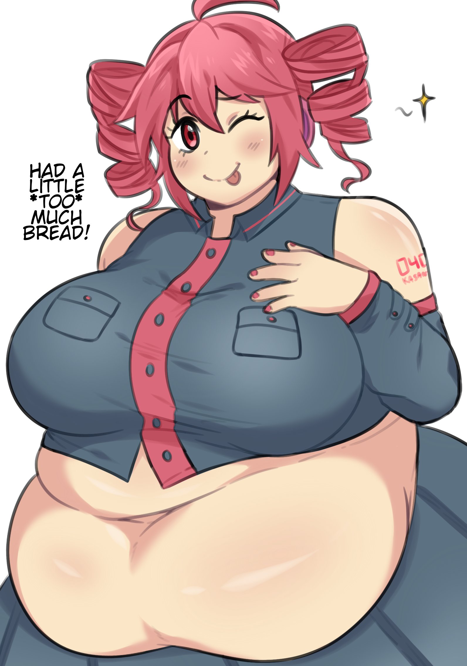 :p, 1girls, arm tattoo, bbw, black shirt, black skirt, breasts, buttons, chubby, collared shirt, drill hair, fat, fatass teto, female, female only, gatocafe12, hand on own chest, kasane teto, kasane teto (utau), large breasts, midriff, navel, one eye closed, pleated skirt, plump, red eyes, red hair, red trim, simple background, solo, sparkle, tongue, tongue out, twin drills, utau, very fat, white background