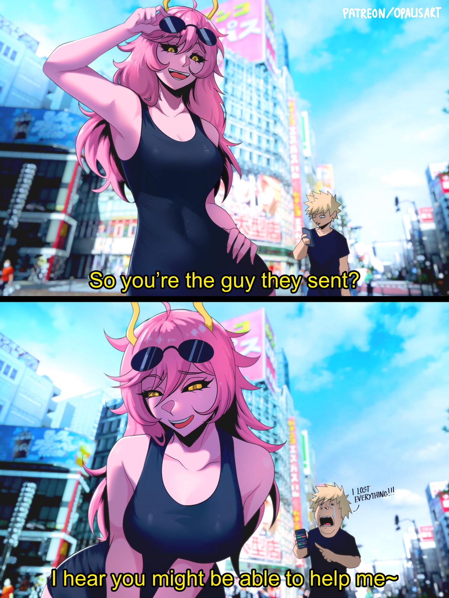 1girl, 2koma, ashido mina, ashido mina time-skip, bakugou katsuki, black sclera, blonde hair, boku no hero academia, breasts, colored sclera, colored skin, comic, commentary, dress, english commentary, english text, highres, horns, impossible clothes, impossible dress, katsuki bakugou, looking at viewer, mina ashido, mina ashido time-skip, my hero academia, my hero academia (finale), opalis, open mouth, pink hair, pink skin, post-timeskip, short hair, smile, spiked hair, subtitled, yellow eyes