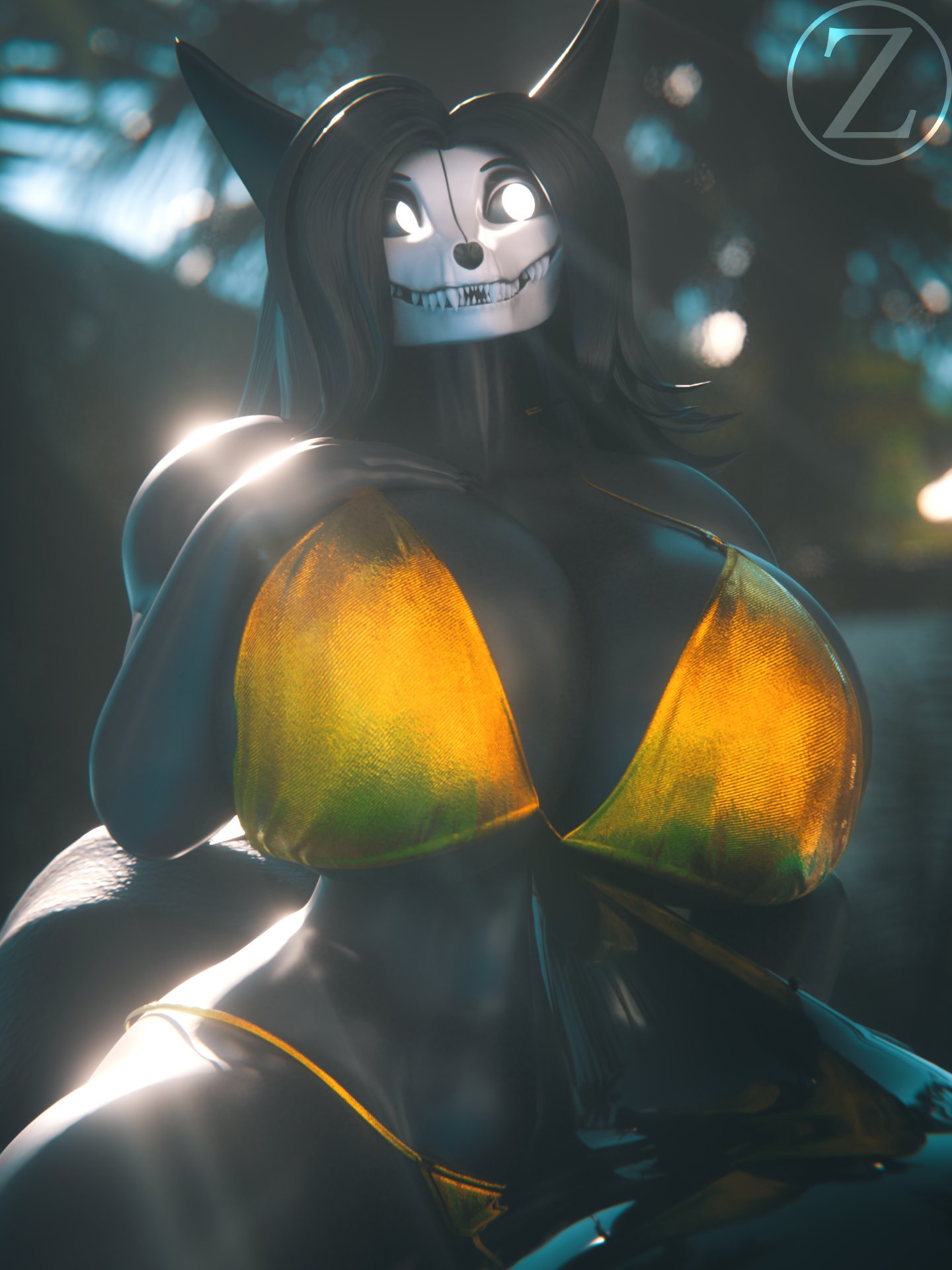 1girls, 3d, big breasts, gold bikini, golden bikini, golden week, huge breasts, large breasts, mal0, malo, scp foundation, scp-1471, scp-1471-a, scp-1471-a (fluffyglitch), skull head, solo, zsphere3d