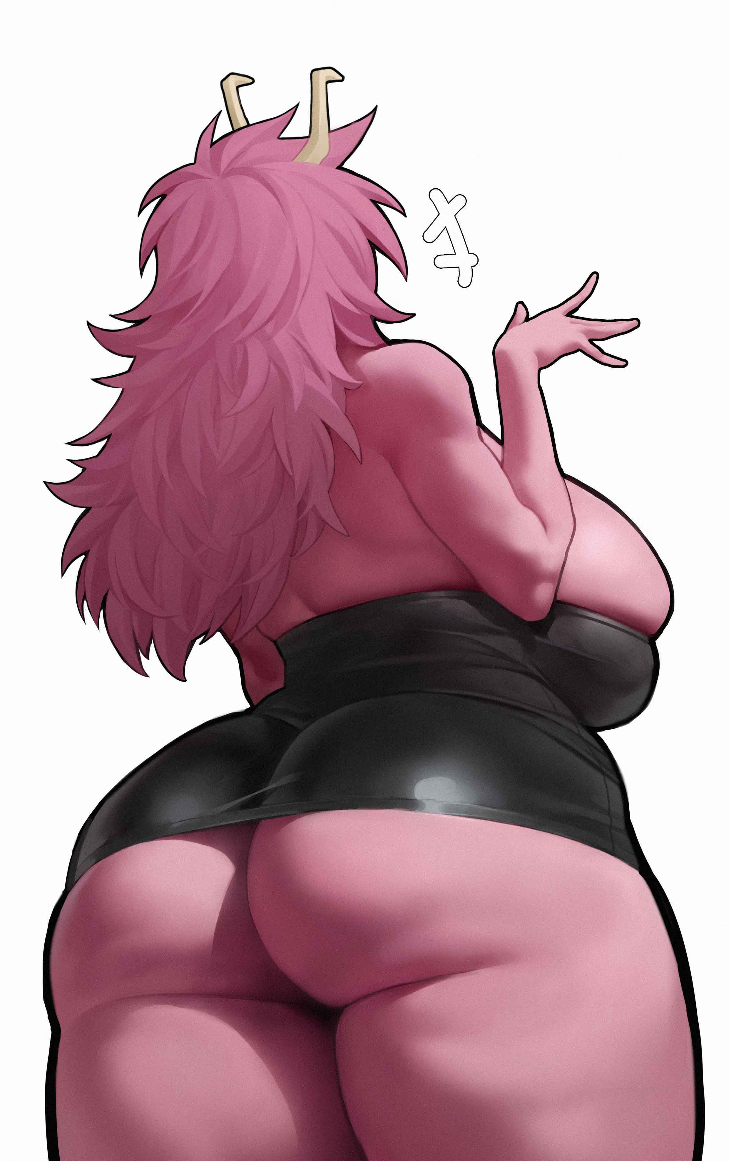 1girl, 1girls, absurdres, adult mina, aged up, alternate breast size (larger), ashido mina, ashido mina time-skip, ass, ass focus, ass of the gods, backless dress, backless outfit, big ass, big breasts, black dress, boku no hero academia, breasts, bubble butt, busty, colored skin, commentary, dress, dumptruck ass, fat ass, female, female only, gluteal fold, highres, horns, huge ass, huge breasts, large ass, large breasts, mina ashido, mina ashido time-skip, my hero academia, no bra, no panties, official alternate costume, official alternate hairstyle, pink hair, pink skin, post-timeskip, rear view, simple background, solo, spankable ass, spiralnoww, spiralnoww1, thick ass, thick thighs, thunder thighs, white background, wide hips