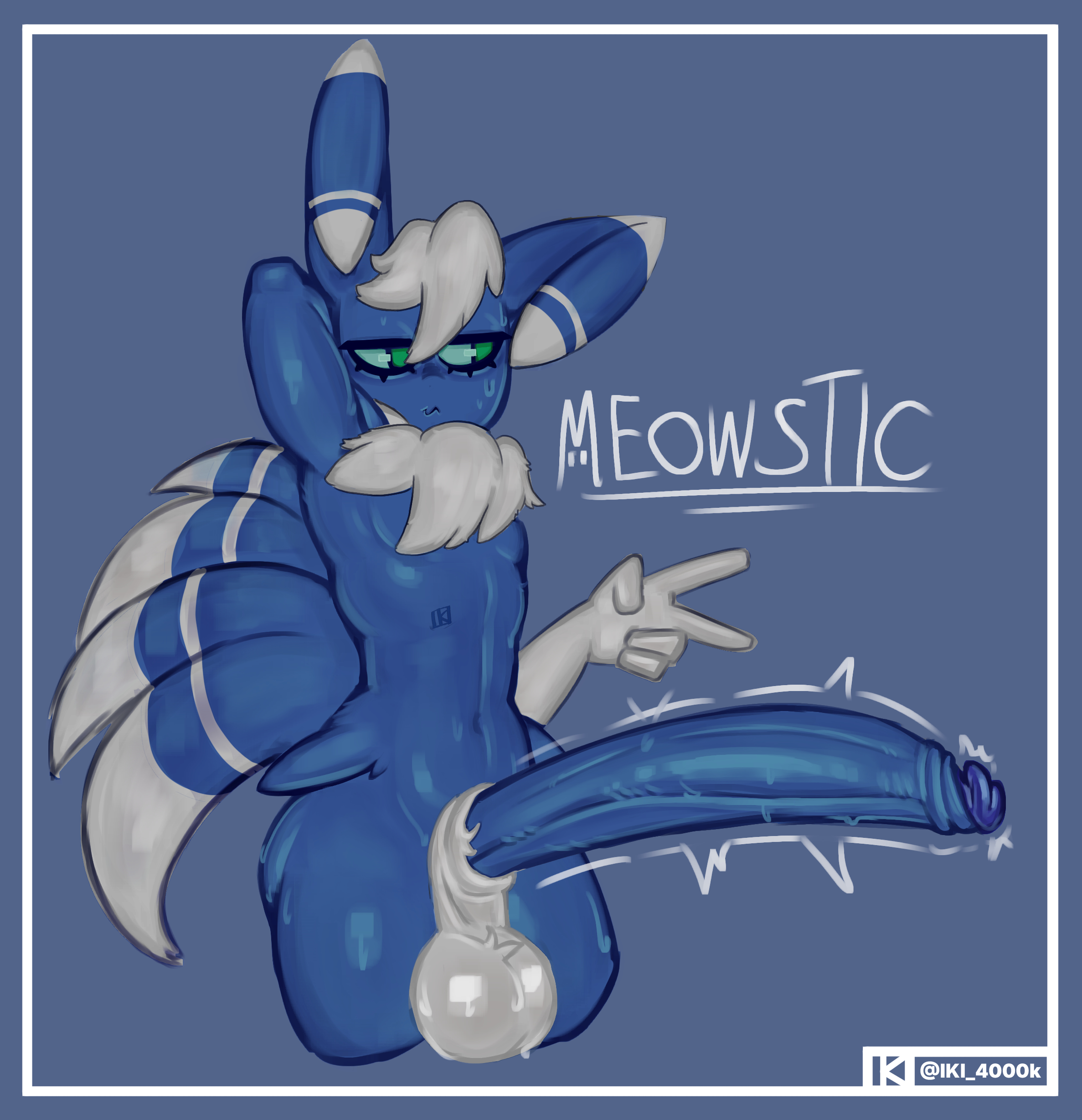 1boy, cat ears, femboy, fur, green eyes, humanoid penis, hung femboy, hung trap, hyper penis, iki 4000k, male, male only, meowstic, meowstic (male), pokemon, pokemon (species), small but hung, solo, tail, wet, wet body