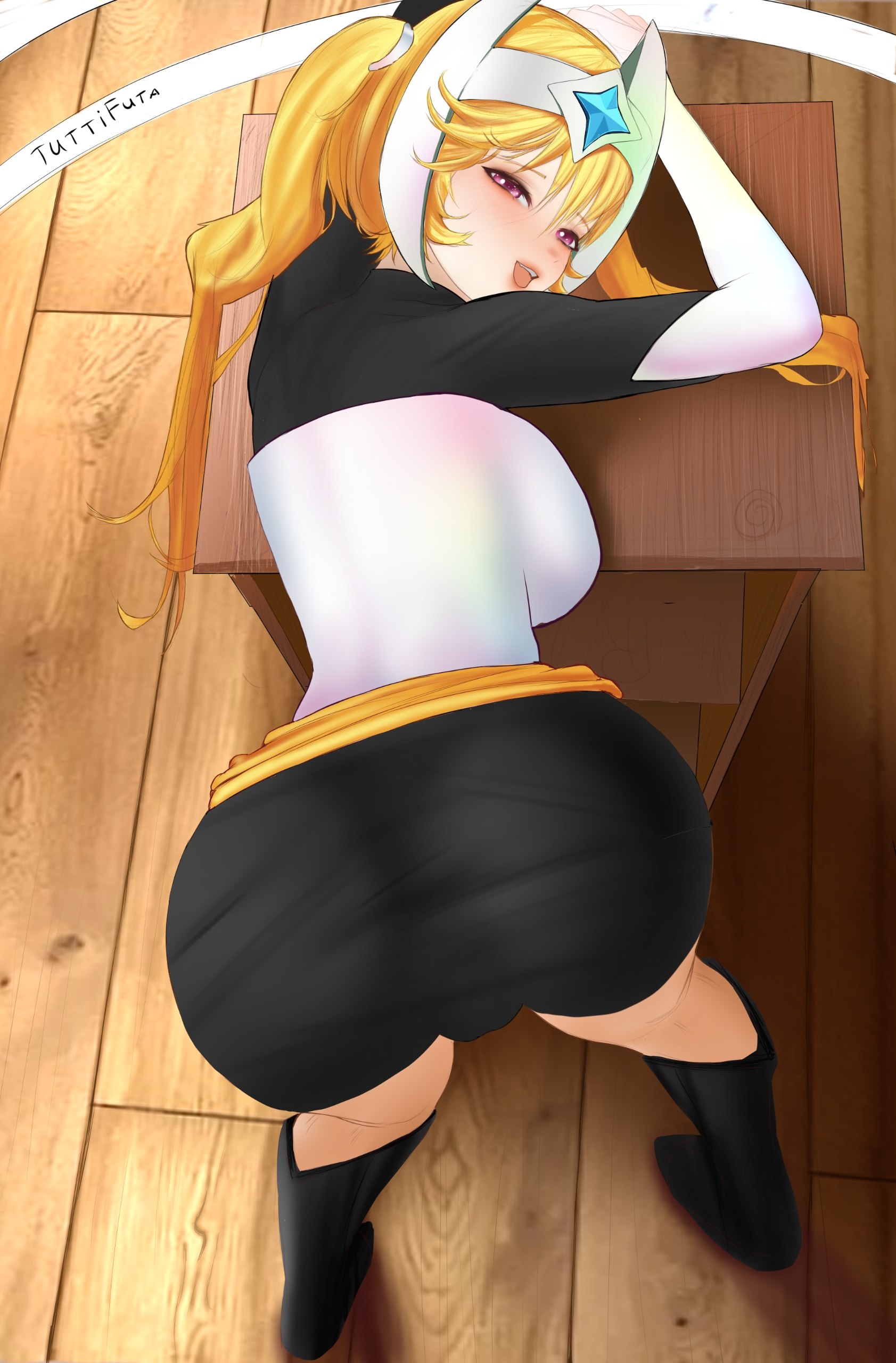 ass, ass focus, black skirt, blonde hair, brawl stars, elbow gloves, female, female only, gloves, headgear, leaning forward, leaning on table, looking at viewer, mesh clothing, presenting, presenting anus, presenting hindquarters, red eyes, starr nova (brawl stars), tagme, tuttifuta