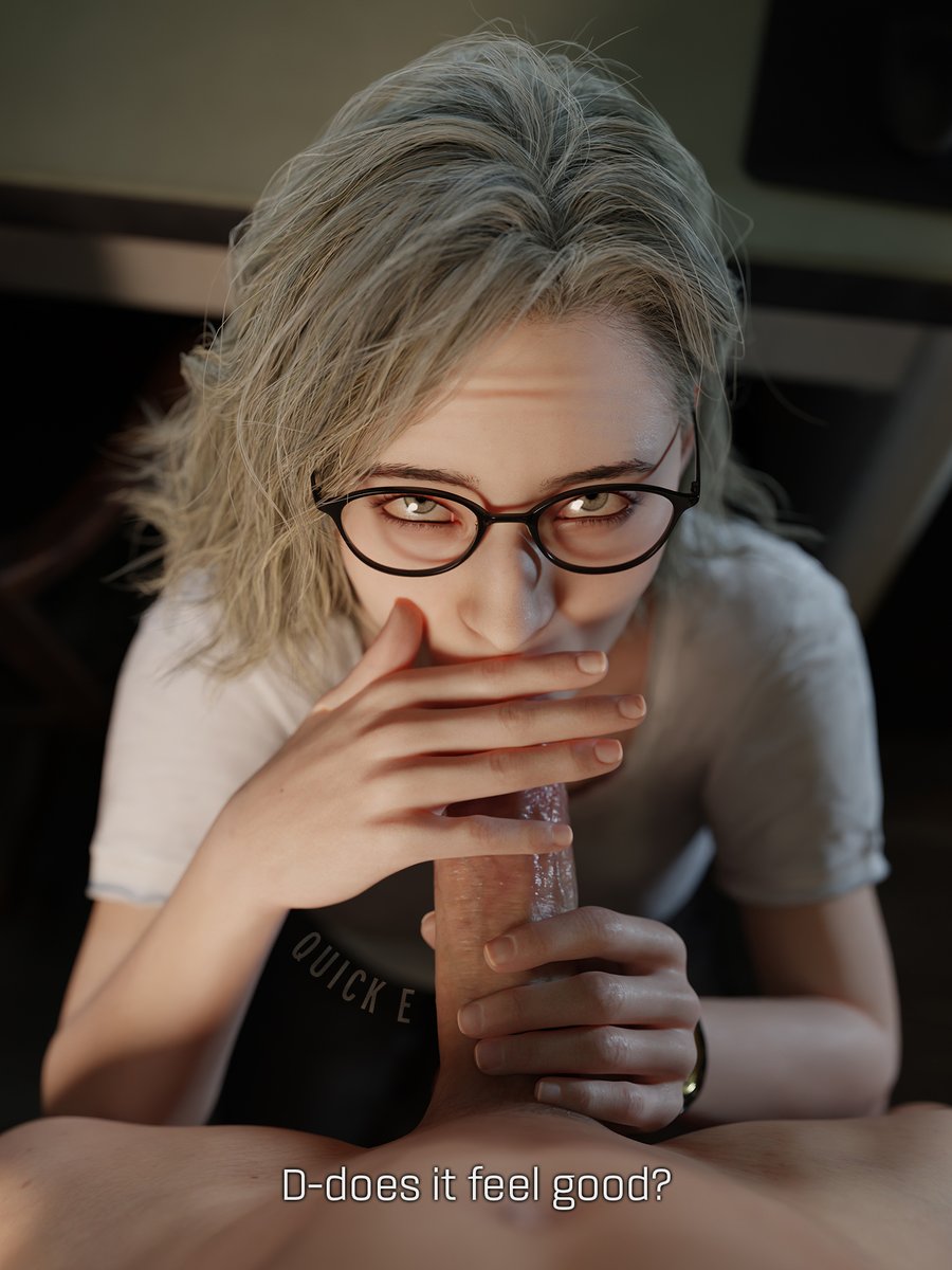 1boy, 1girls, 3d, 3d (artwork), big penis, blender, blonde, blonde female, blonde hair, blowjob, clothed, clothed female nude male, dialogue, english text, fellatio, female, female focus, glasses, grace ashcroft, grace ashcroft (julia pratt), hand on penis, hiding, kneeling, kneeling oral position, large penis, light skin, light-skinned female, light-skinned male, male, male pov, oral, oral sex, penis, quick e, resident evil, resident evil 9: requiem, short hair, shy, text, wavy hair
