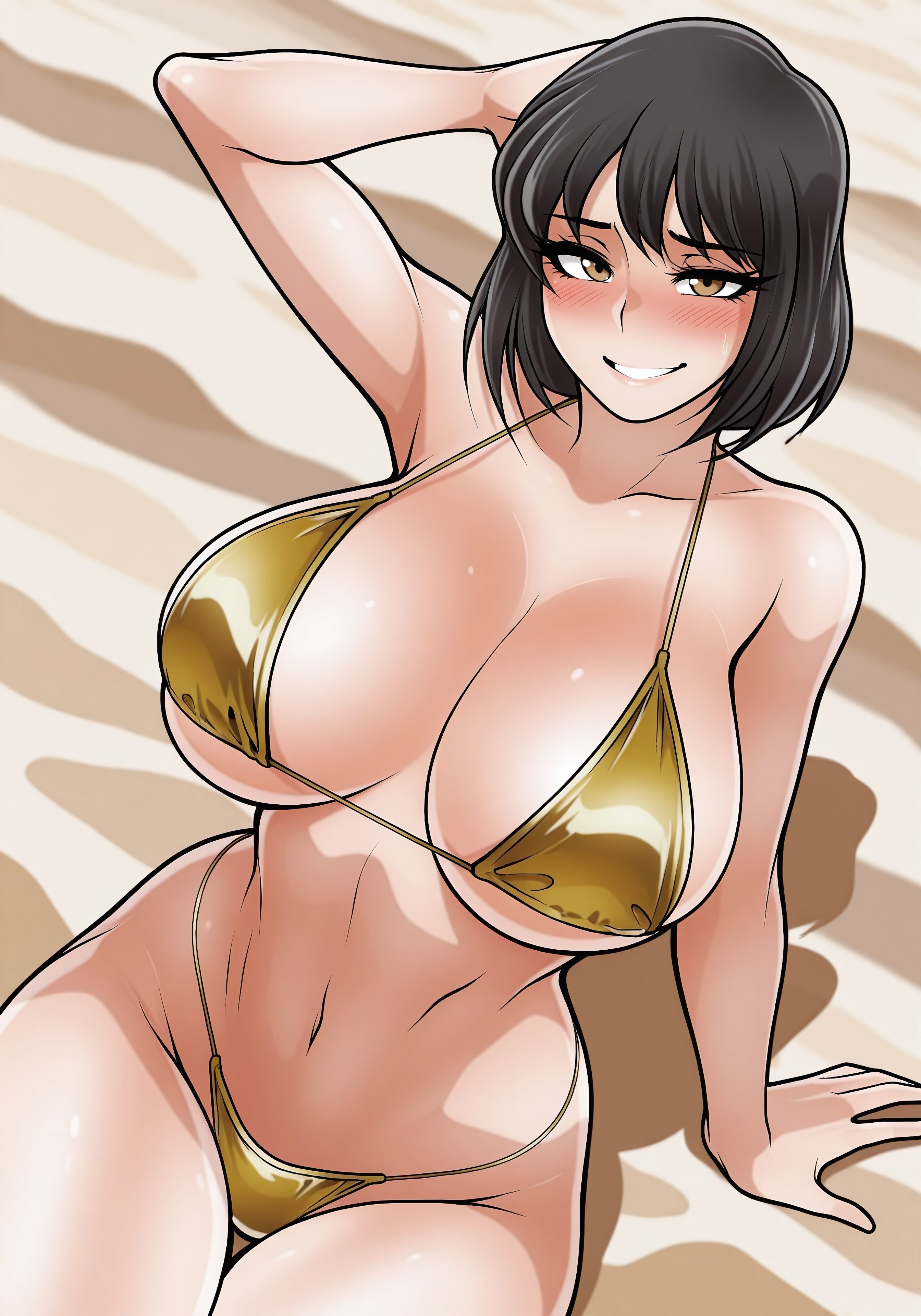 ai generated, ai jago dibuja, beach, beach background, beach setting, bikini, black hair, blushing, blushing at viewer, breasts, female, female focus, female only, golden bikini, golden week, hand behind head, hazel eyes, hiroko (living with hipstergirl and gamergirl), huge breasts, leaning back, living with hipstergirl and gamergirl, looking at viewer, mature, milf, naked, pinup, sand, sitting, sitting on sand, smile, smile at viewer, solo, solo female