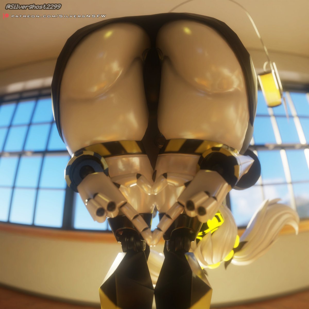 1girls, 3d, ass, ass focus, big ass, black clothing, butt, butt focus, female, female focus, female only, glitch productions, grey hair, j (murder drones), looking at viewer, murder drones, robot, robot girl, robot humanoid, showing ass, silver2299, solo, solo female, solo focus, tail, yellow eyes