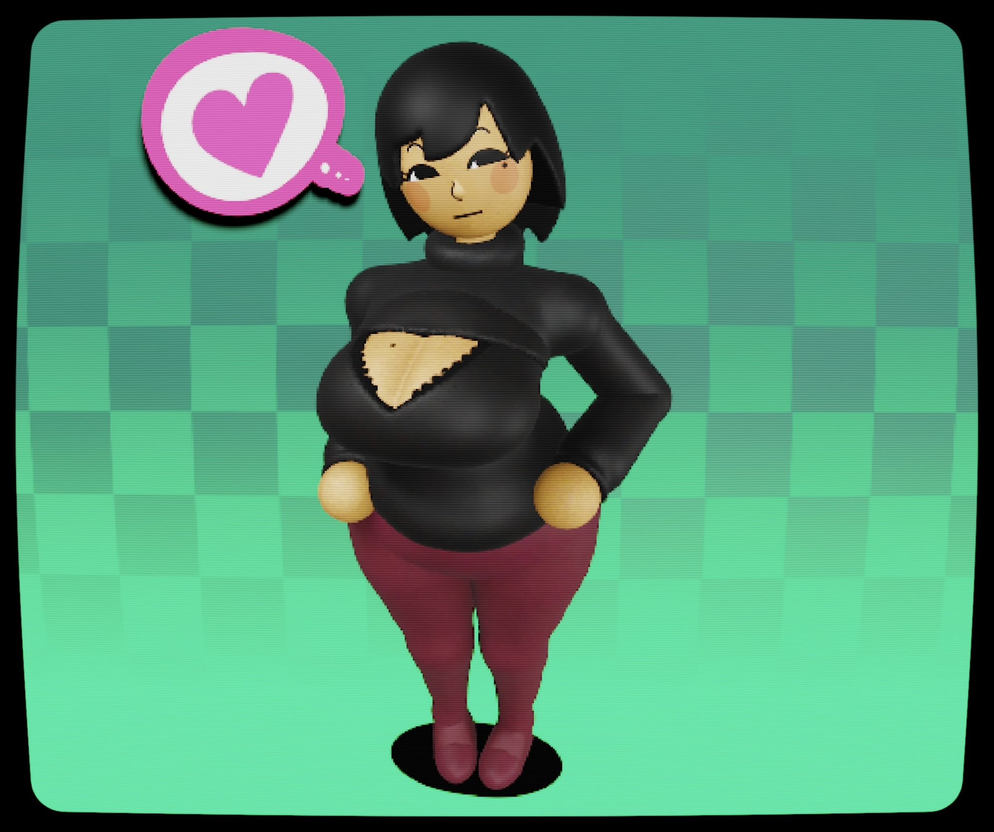 3d, 3d (artwork), artist name, ava (gazoogaloo), beauty mark, black hair, blush, boob window, breasts, female, hands on hips, large breasts, looking at viewer, mii, original, short hair, slim waist, speech bubble, sweater, tagme, tagme (artist), tight clothing, viewed from above, voluptuous, wide hips