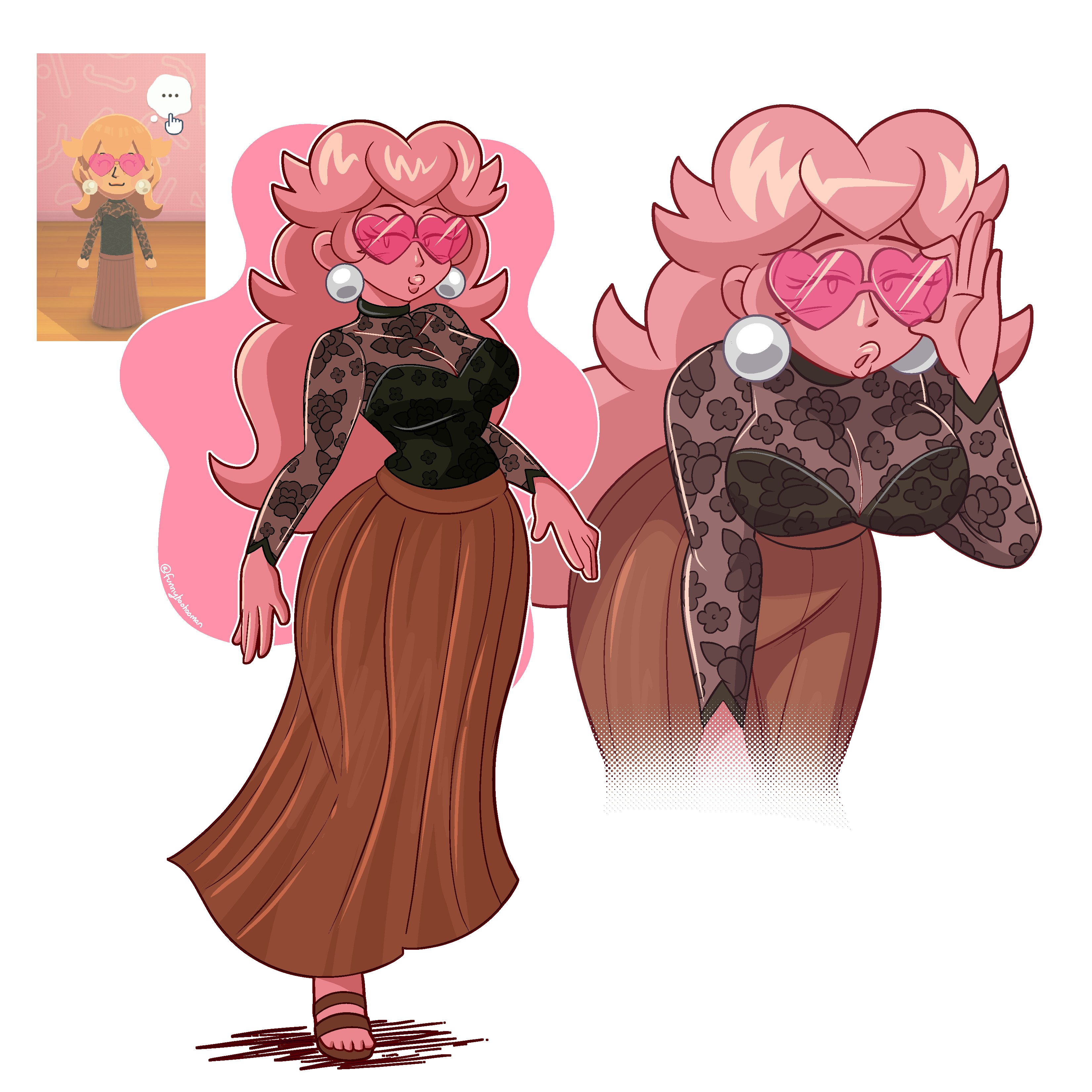 2026, breasts, female, female only, funnyhoohooman, glasses, heart-shaped glasses, mario (series), mii, pink gold peach, princess peach, tagme, thighs, tomodachi life, tomodachi life: living the dream