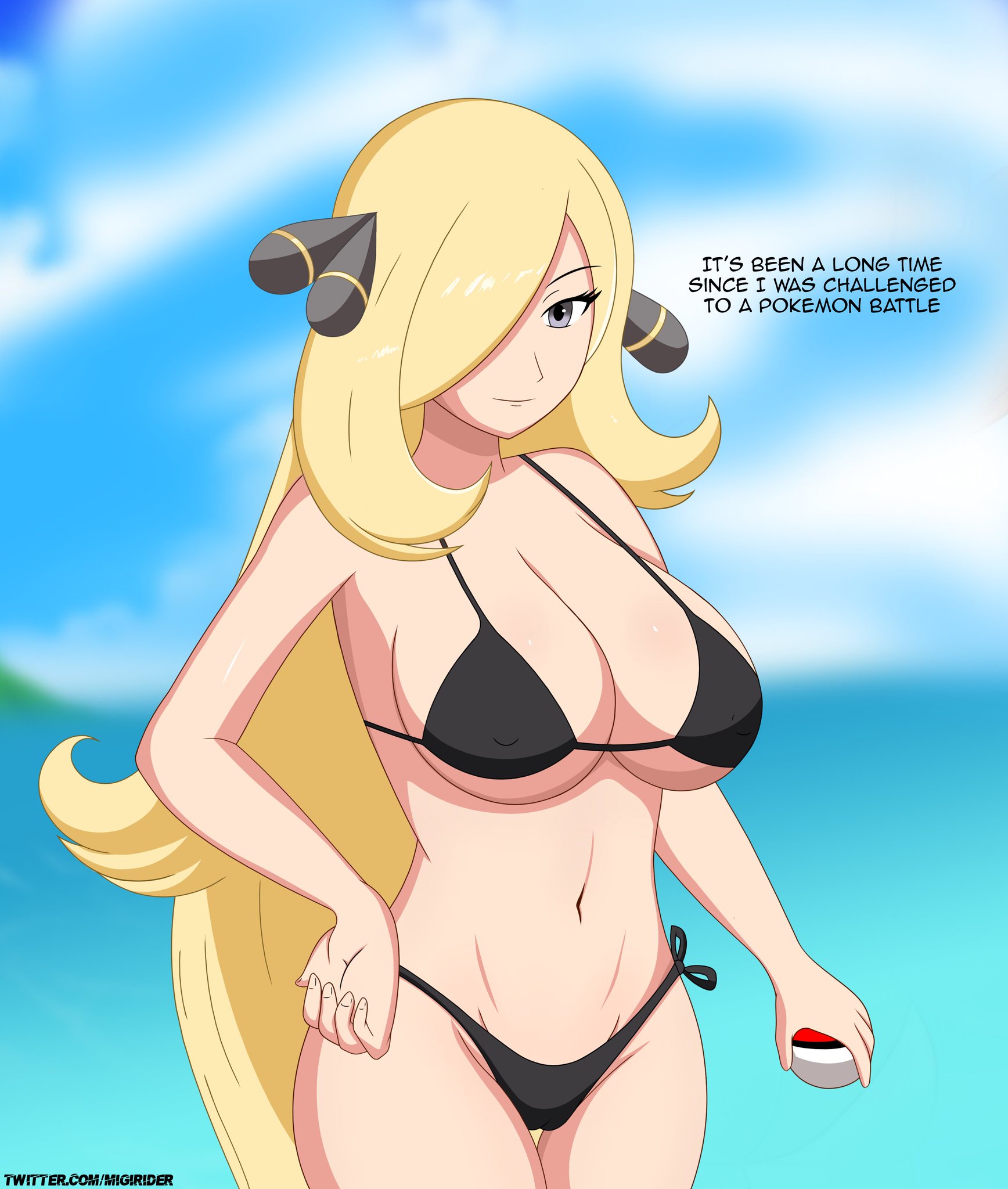background, beach, belly, belly button, big breasts, bikini, bikini bottom, bikini top, bimbo, black bikini, black eyes, blonde hair, bra, breasts, champion, curvaceous, curves, curvy, cynthia (pokemon), female, female focus, female only, grey eyes, hair, hair ornament, hair over one eye, hand on hip, hands on hips, hips, huge breasts, long blonde hair, long hair, looking at viewer, mature female, midriff, migi rider, milf, navel, nintendo, nipples visible through clothing, pokemon, pokemon champion, pokemon dppt, skimpy, skimpy bikini, smile, swimsuit, wide hips