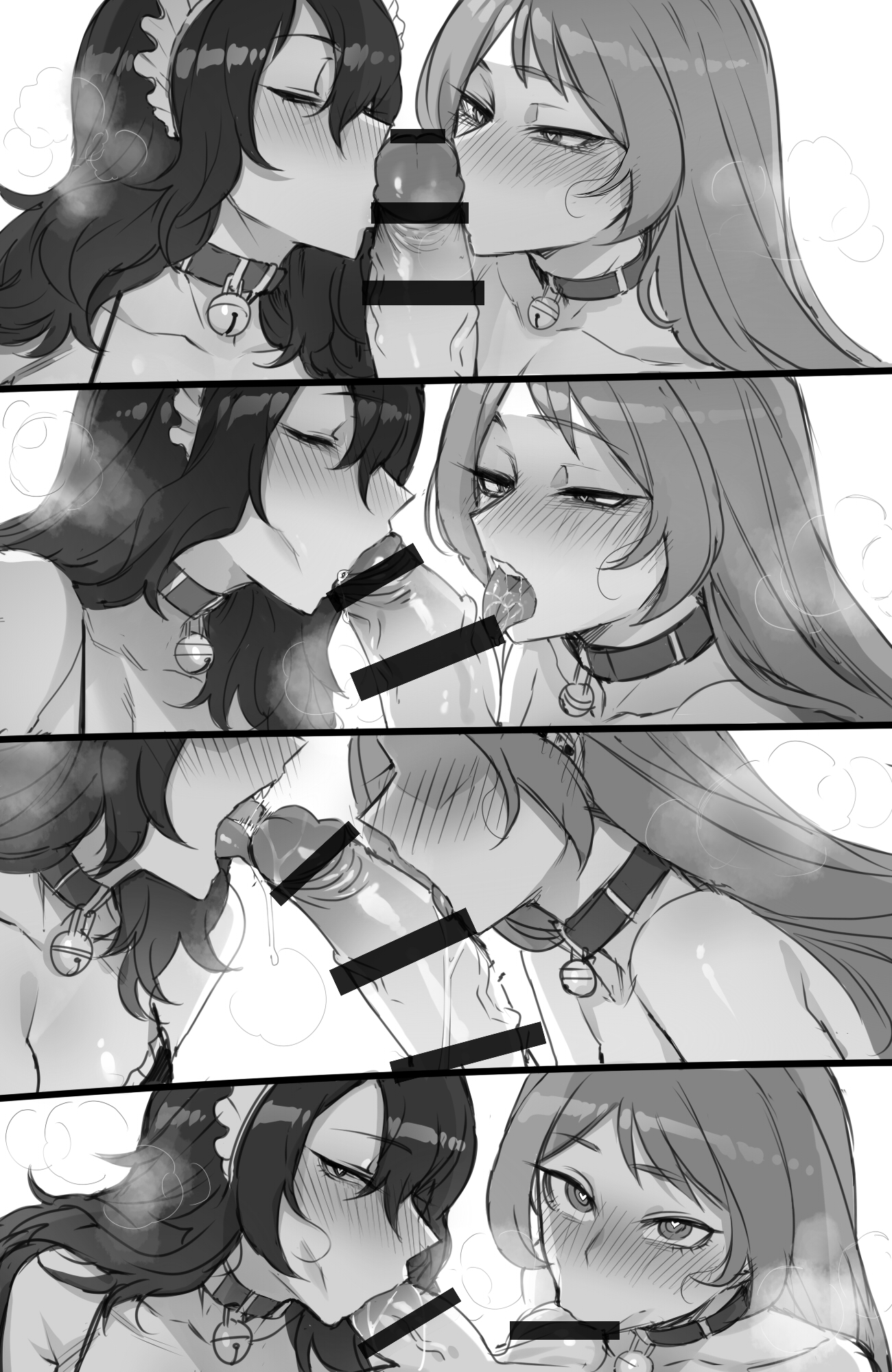 1boy, 2girls, balls, balls sucking, bar censor, big penis, black and white, blowjob face, blush, censored, cock worship, collaborative fellatio, collar, corruption, eye contact, faceless male, fellatio, female, heart-shaped pupils, heavy breathing, kissing, kissing penis, licking, licking penis, looking at partner, looking at penis, looking at viewer, male, multiple females, multiple girls, my hero academia, naughty face, nejire hado, oral, penis, penis awe, pleasure face, pov, ratatatat74, saliva trail, sharp teeth, sucking, sucking balls, sucking testicles, teamwork, testicles, tokage setsuna