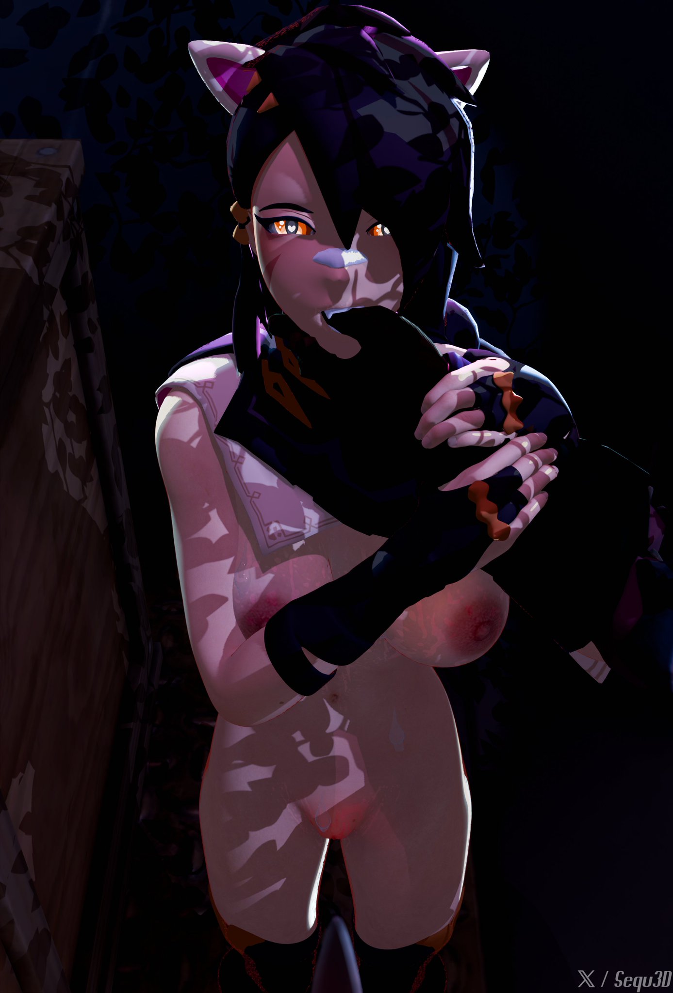 alternate_version alternate_version_available bandage bandage_on_nose big_breasts biting_finger boots breasts cat_ears cloak completely_nude completely_nude_female ears_down erisa_(fortnite) finger_in_another's_mouth finger_in_mouth fortnite glowing_eyes heart-shaped_pupils holding_arm knot knotted_penis nude nude_female pov pov_eye_contact pov_male pussy scar_on_face sequ3d shiny shiny_skin werewolf