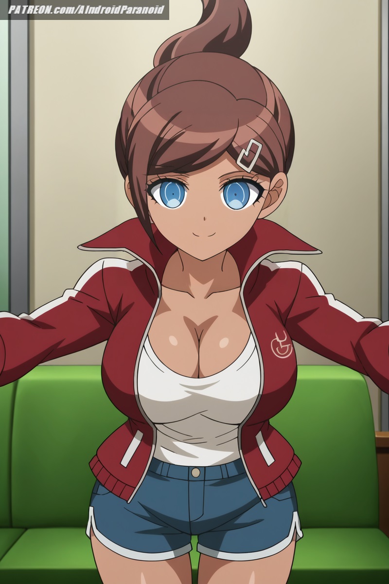 ai_generated aindroidparanoid asahina_aoi big_breasts blush breasts busty cleavage curvy danganronpa danganronpa_(series) dark_skin female gym gym_uniform hips huge_breasts indoors jacket large_breasts narrow_waist short_hair slim_waist stable_diffusion tank_top voluptuous waist wide_hips