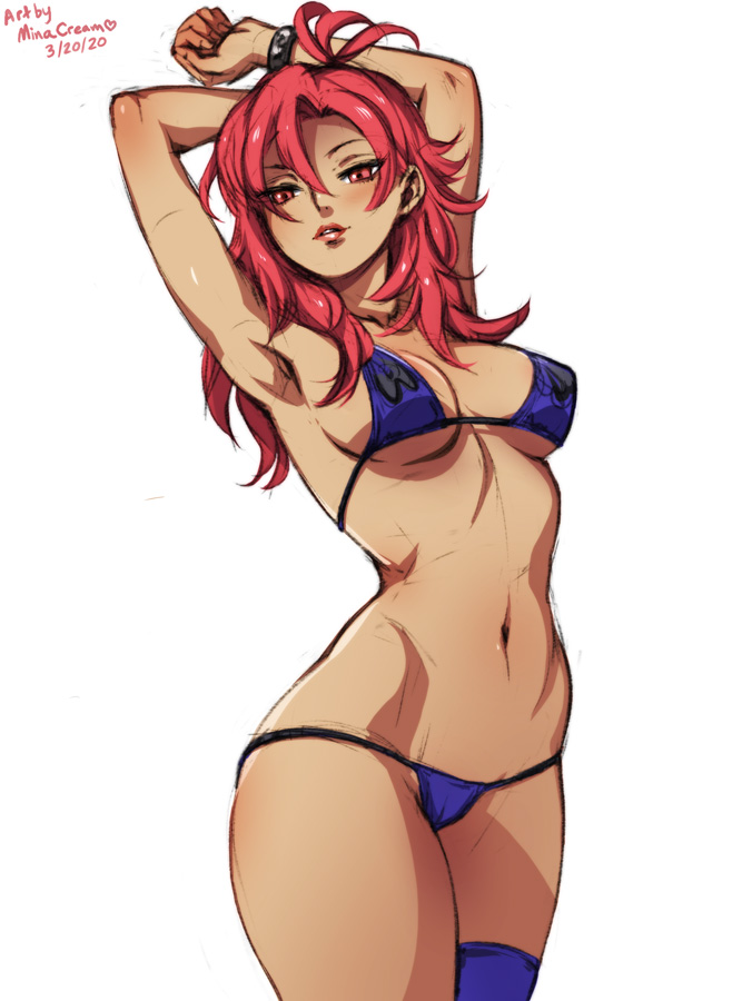 1girls, armband, armpits, arms up, bare arms, bare midriff, bare thighs, bikini, breasts, female, fire emblem, fire emblem: three houses, hapi (fire emblem), medium breasts, medium hair, micro bikini, minacream, nintendo, purple bikini, red eyes, seductive, seductive smile, sideboob, smile, thighhighs, white background