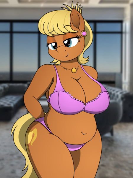 1girls an-tonio anthro bedroom_eyes big_breasts blonde_hair bra breasts busty chubby cougar cutie_mark earrings earth_pony female female_anthro female_focus female_only friendship_is_magic hasbro lingerie mature mature_female ms._harshwhinny_(mlp) my_little_pony panties plump pony smile smiling underwear wide_hips