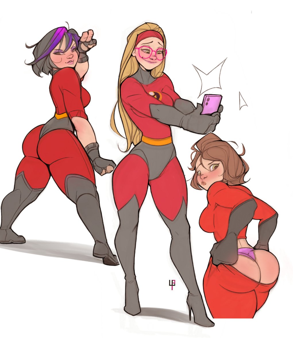 3girls ass ass_focus aunt_cass big_hero_6 black_hair blonde_hair booty brown_hair cass_hamada cosplay glasses gogo_tomago honey_lemon long_hair marvel marvel_comics multicolored_hair multiple_girls panties purple_hair short_hair the_incredibles thick_ass thick_thighs thighs tomphelippe wellington_phelippe wide_hips