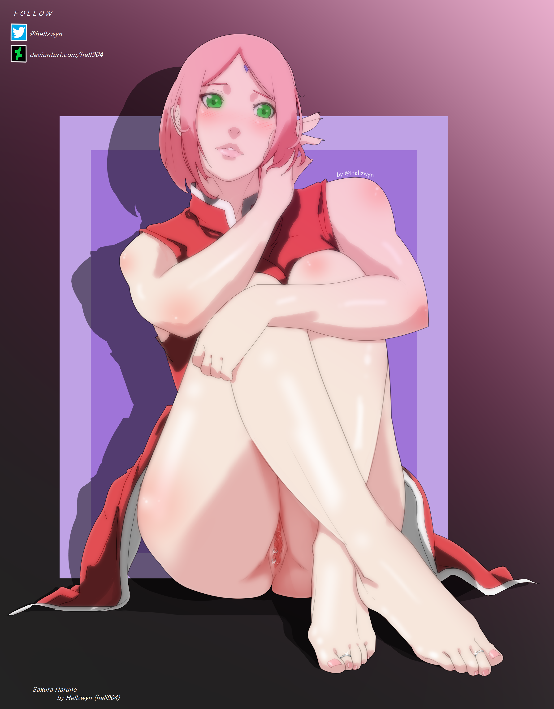 1girls, barefoot, bent knees, blush, boruto: naruto next generations, bottomless, dress, facial mark, feet, female, female only, green eyes, hairband, hell904, nail polish, naruto, naruto (series), naruto shippuden, no panties, pink hair, pussy, sakura haruno, sitting, sleeveless, solo, toe ring, toenail polish