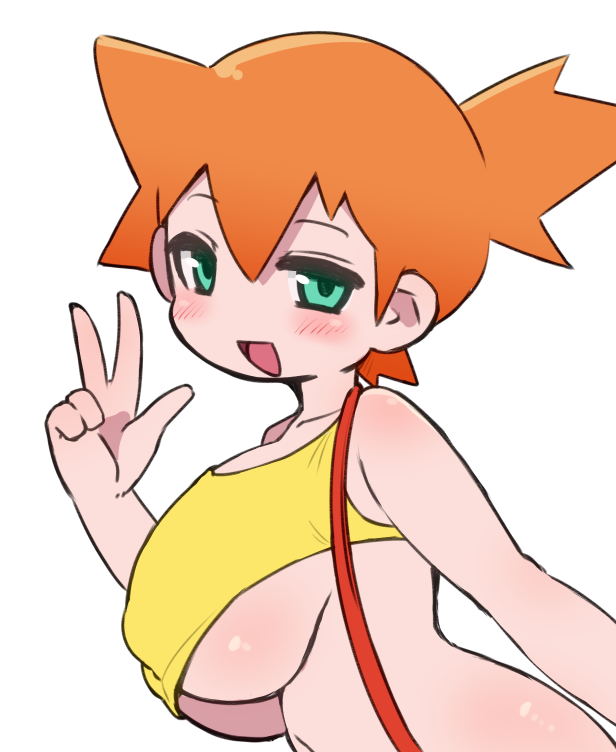 :d asymmetrical_hair blush breasts clothing crop_top female female_only green_eyes gym_leader huge_breasts kasumi_(pokemon) kasumi_(pokemon) large_breasts looking_at_viewer makino_nono miyazero open_mouth orange_hair pokemon pokemon_(anime) pokemon_(classic_anime) pokemon_rgby pokemon_species ponytail shirt short_hair side_ponytail smile solo suspenders tank_top tied_hair underboob upper_body v w yellow_shirt