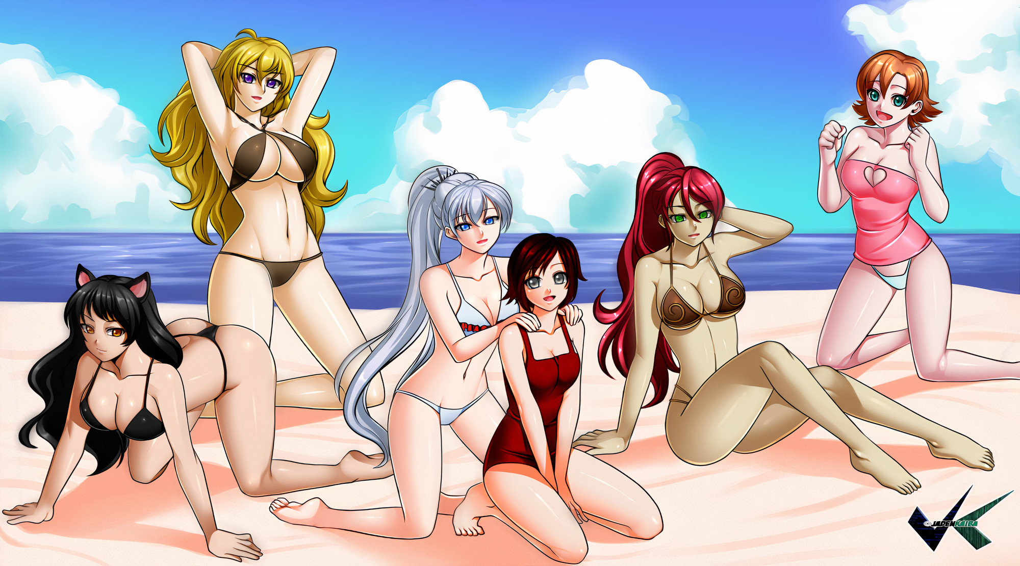 beach, bikini, black hair, blake belladonna, blonde hair, cat ears, faunus, female, female only, fully clothed, green eyes, human, jadenkaiba, jnpr, looking at viewer, multiple females, multiple girls, nora valkyrie, one-piece swimsuit, orange hair, ponytail, purple eyes, pyrrha nikos, red hair, ruby rose, rwby, short hair, silver eyes, swimsuit, swimwear, teal eyes, team rwby, weiss schnee, white hair, yang xiao long, yellow eyes