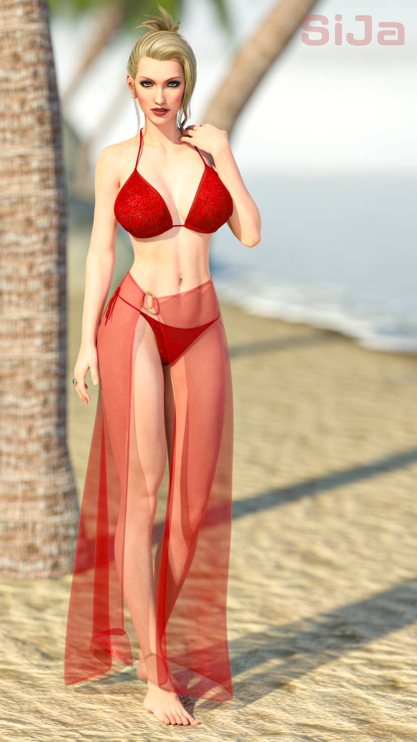 3d bikini blonde_hair final_fantasy final_fantasy_vii red_bikini sarong scarlet_(ffvii) see-through_sarong sija_art swimsuit