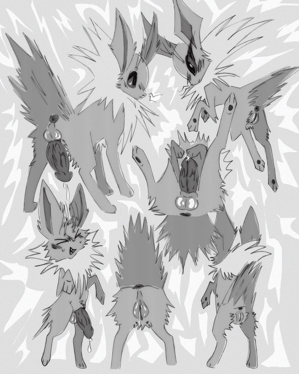 balls eeveelution female feral generation_1_pokemon genitals hi_res jolteon kitt3ngutzz male monochrome nintendo penile_spines penis pokemon pokemon_(species) standing