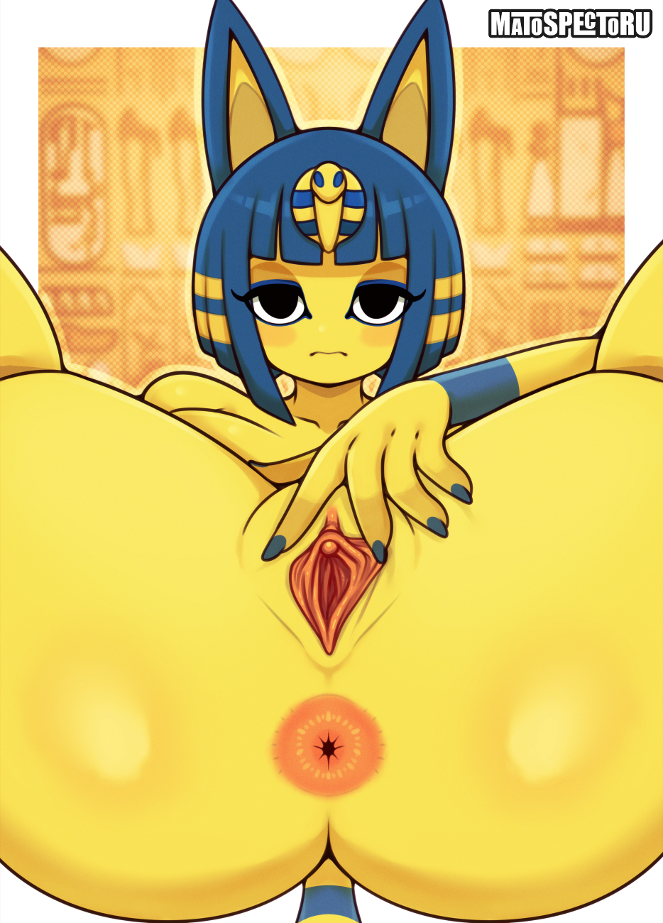 animal_crossing ankha ankha_(animal_crossing) anthro anus ass blue_hair breasts domestic_cat felid feline felis female genitals hair hi_res looking_at_viewer lying mammal matospectoru nintendo nude on_back pupils pussy spread_pussy spreading yellow_body