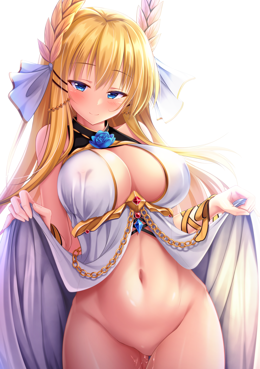 areolae azur_lane bangs bare_shoulders blonde_hair blue_eyes blue_flower blue_rose blush bottomless breasts cleavage closed_mouth dress dress_lift erect_nipples erect_nipples_under_clothes eyebrows eyebrows_visible_through_hair female female_only flower gem groin hair_ornament hair_ribbon half-closed_eyes head_tilt high_resolution hukairi_botan jewelry large_breasts laurel_crown long_hair looking_at_viewer navel nipples no_bra nopan open_dress paipan pussy_juice ribbon rose see-through sidelocks simple_background sleeveless smile solo stomach thighs tsurime underbust vaginal_juices veil very_long_hair victorious_(azur_lane) wet_pussy white_background white_dress white_ribbon wrist_ribbon