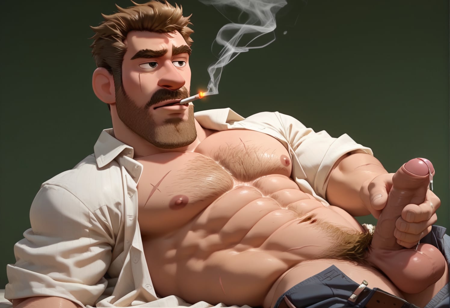 1boy ai_generated bara beard clothing cum_drip daddy hand_on_penis inside muscular_male oinside_out penis pubic_hair smoking