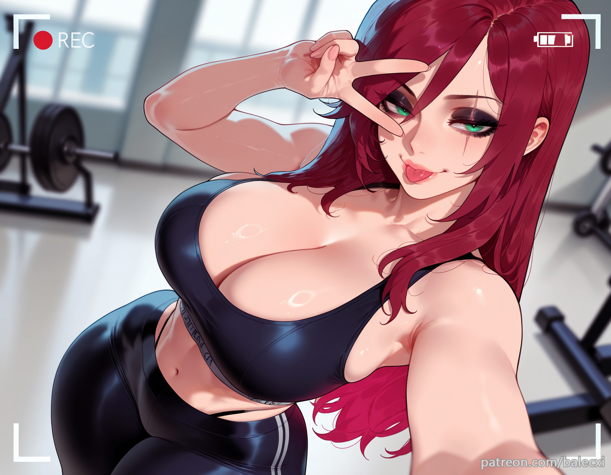 ai generated, balecxi, black sports bra, blurry, blurry background, breasts, cleavage, female, green eyes, katarina du couteau, large breasts, league of legends, long hair, looking at viewer, navel, panties, pants, patreon username, recording, red hair, scar, scar across eye, scar on face, selfie, solo, sports bra, tongue, tongue out, underwear, v, v over eye, viewfinder, yoga pants