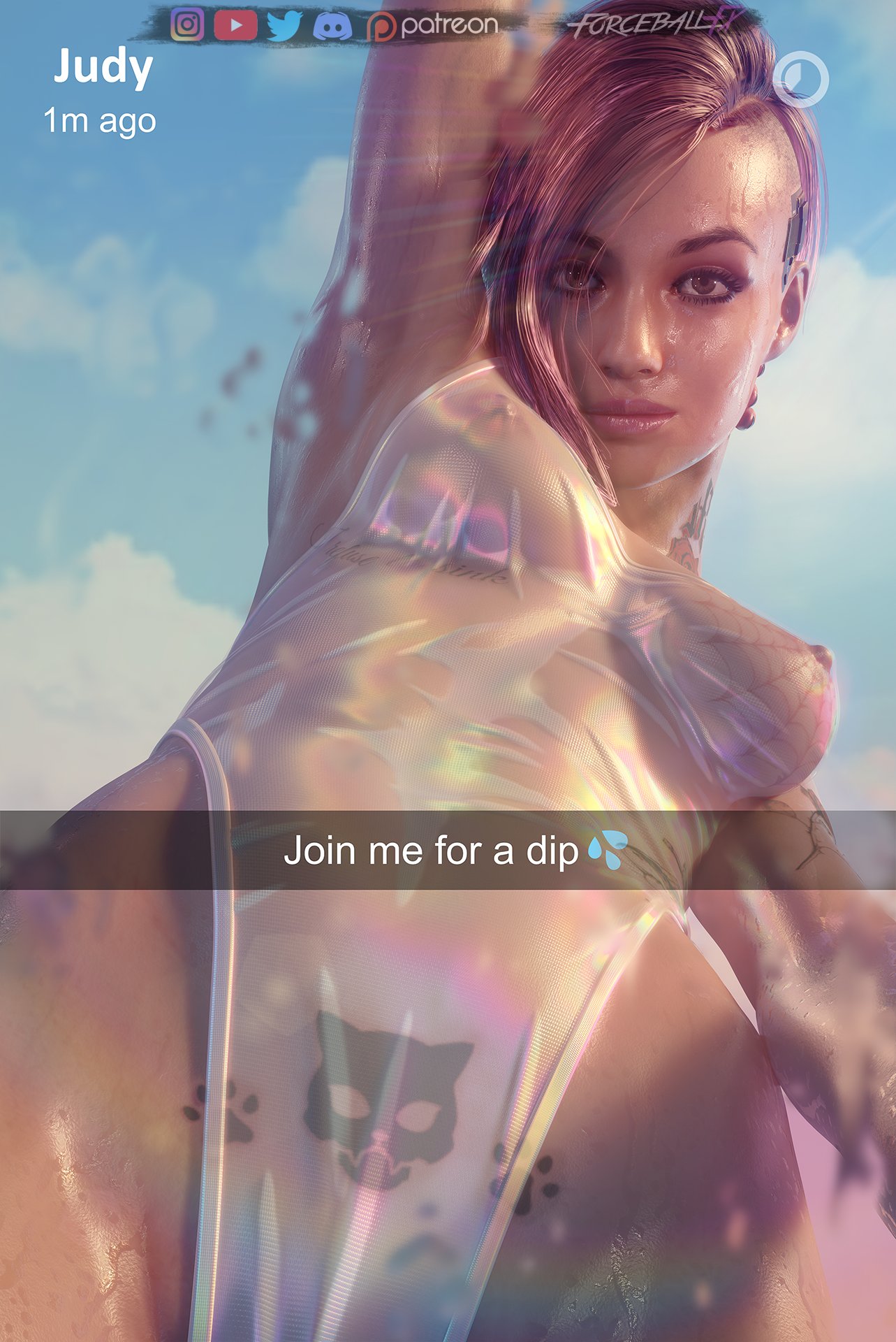 1girls, 3d, areolae, big breasts, blender, breasts, cd projekt red, cyberpunk 2077, female, female only, forceballfx, judy alvarez, large breasts, looking at viewer, nipples, snapchat, solo, tattoo, text