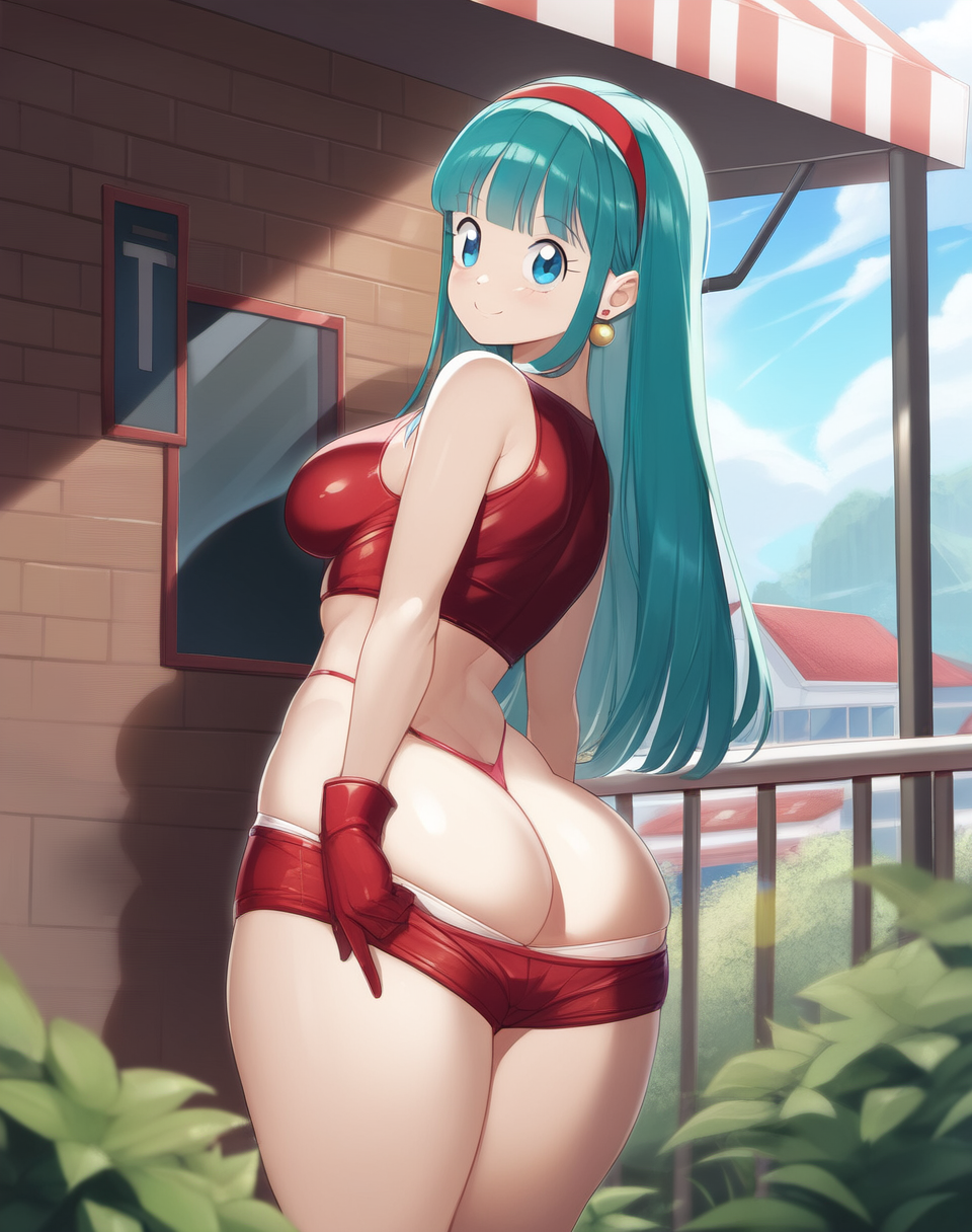 ai_generated blue_eyes blue_hair bra_(dragon_ball) bra_briefs dragon_ball dragon_ball_gt dragon_ball_super dragon_ball_z looking_at_viewer looking_back outdoors outside saiyan saiyan_girl smile smirk