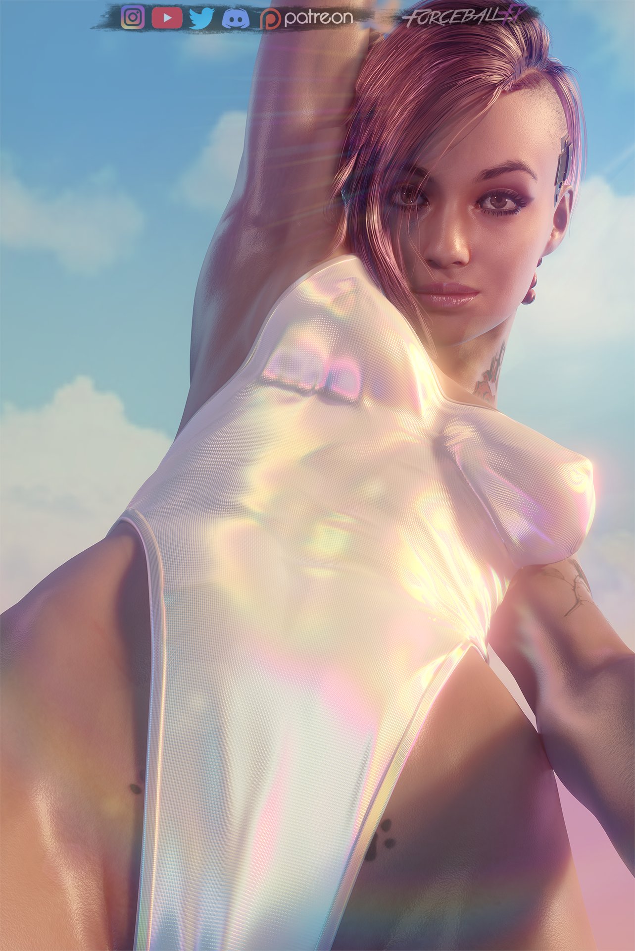 1girls, 3d, areolae, big breasts, blender, breasts, cd projekt red, cyberpunk 2077, female, female only, forceballfx, judy alvarez, large breasts, looking at viewer, nipples, solo, swimwear, tattoo
