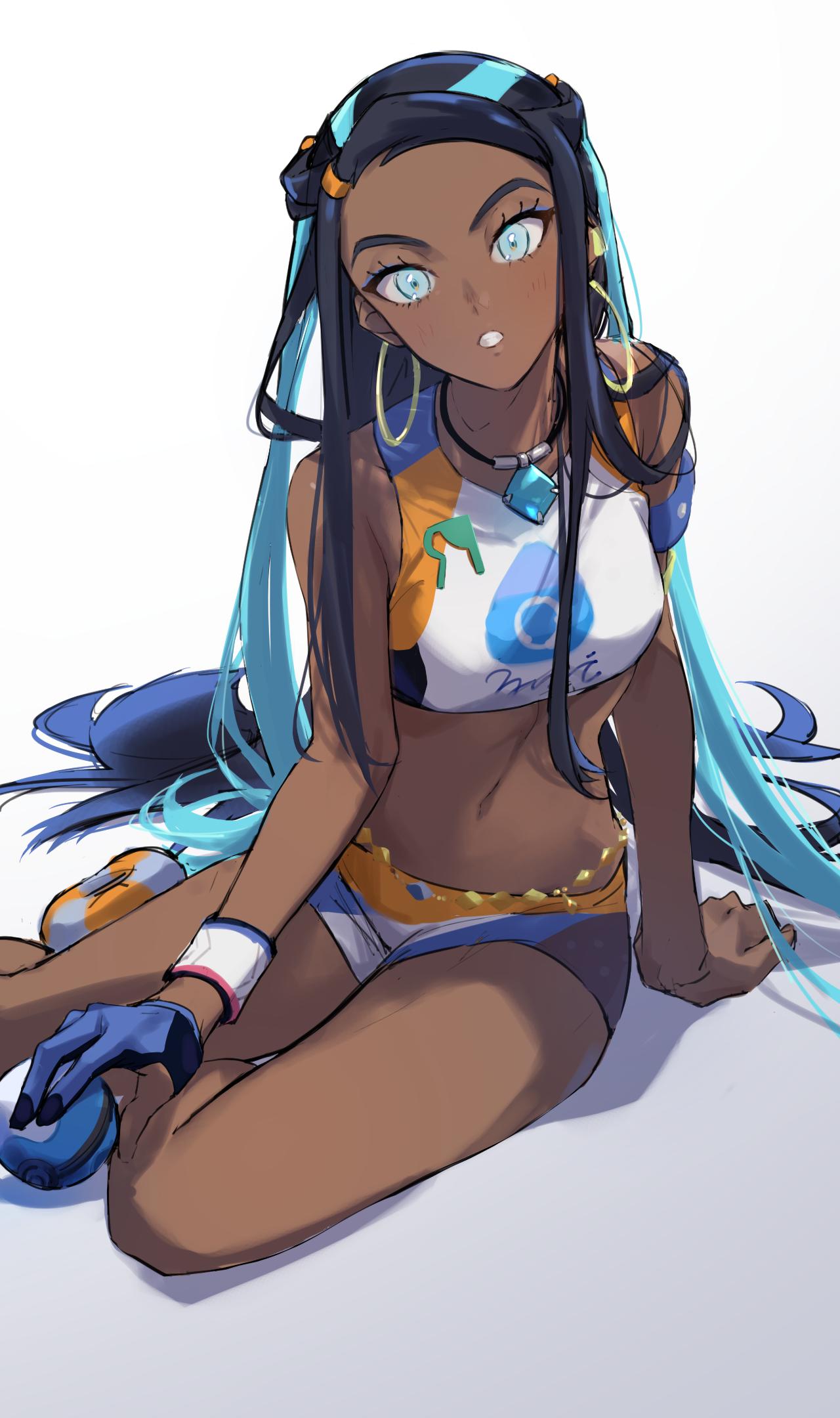 1girls, ashita kura, bare legs, bare shoulders, belly chain, bikini, black hair, blue eyes, blue gloves, blue hair, breasts, crop top, dark skin, dark-skinned female, dive ball, earrings, eyeshadow, feet out of frame, female, female only, forehead, gloves, highres, holding, holding poke ball, hoop earrings, jewelry, light blush, long hair, looking at viewer, makeup, midriff, multicolored gloves, multicolored hair, navel, necklace, nessa (pokemon), partially fingerless gloves, poke ball, pokemon, pokemon swsh, shorts, simple background, single glove, sitting, solo, sportswear, swimsuit, tankini, two-tone gloves, two-tone hair, very long hair, white background, white mouth, wristband, yokozuwari