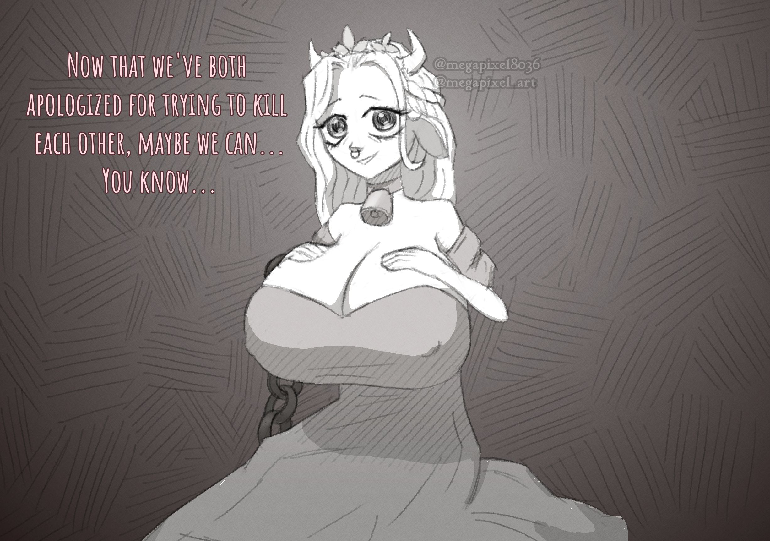 alternate breast size, animal ears, big breasts, black and white, blonde hair, breasts, breasts bigger than head, chains, covered nipples, cow girl, cowbell, dialogue, dress, female, fully clothed, gigantic breasts, hands on breasts, horns, huge breasts, long hair, looking at viewer, megapixel8036, monochrome, monster girl, nose piercing, nose ring, princess (slay the princess), sitting, slay the princess, white hair