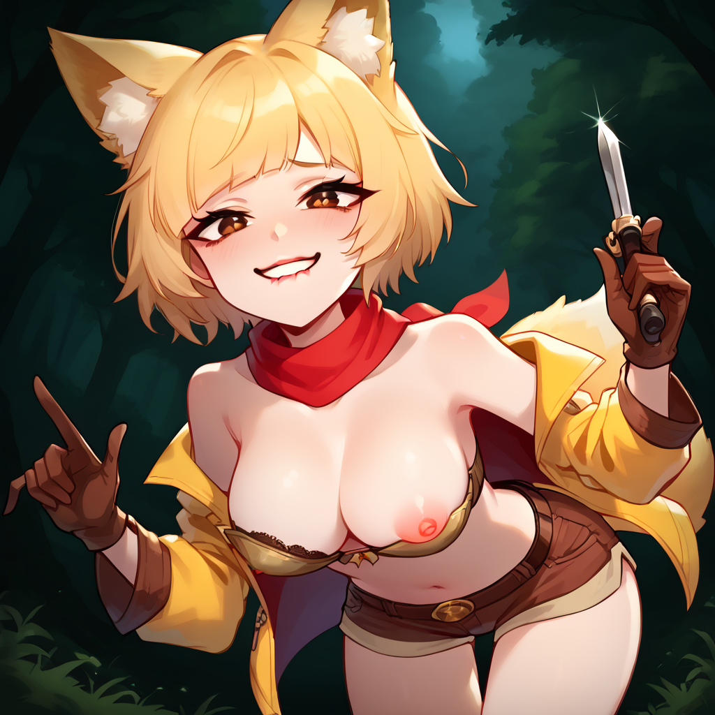 1girls ai_generated anal ass bent_over blonde_hair blush breasts brown_eyes cum flower_fairy forced fox_ears fox_girl fox_tail looking_at_viewer medium_breasts neri_(flower_fairy) nipples sad short_shorts stable_diffusion strapless uwuia white_panties