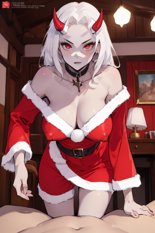 1boy1girl 1girls ai_generated big_breasts calamitas calamity_mod choker nipples_visible_through_clothing red_eyes santa_costume santa_dress terraria