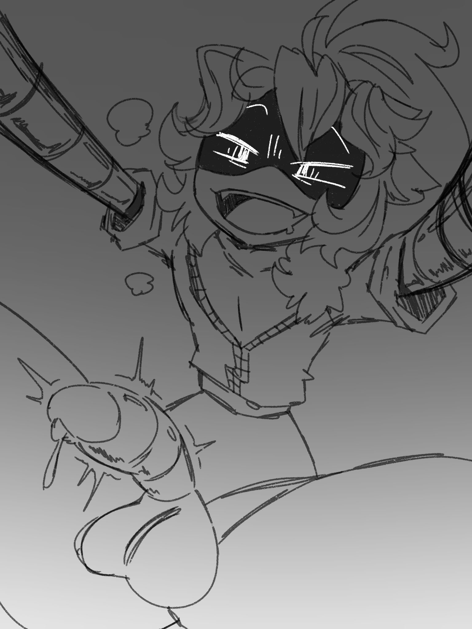 1futa, big penis, bottomless, clothed, clothing, ect0gazm, erection, flat chested, futa only, futanari, intersex, low-angle view, murder drones, oc, original character, partially clothed, penis, precum, sketch, solo, source request, throbbing penis