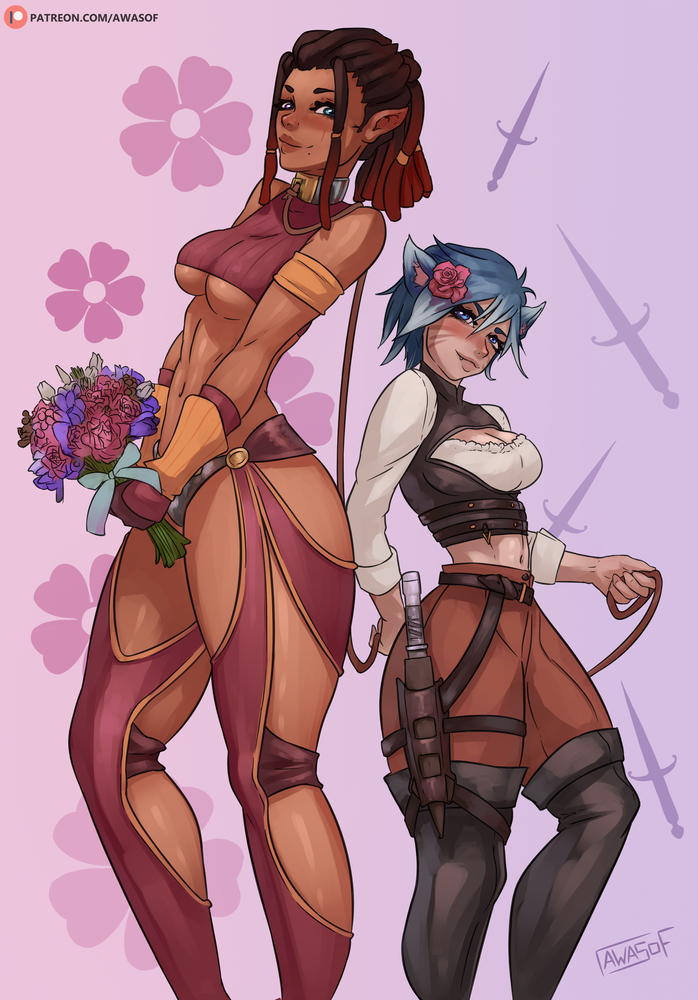 2girls, art with a side of fries, awasof, bare shoulders, big breasts, blush, breasts, cat girl, catgirl, clothed, clothed female, clothing, collar, color, crop top, elezen, eye contact, fantasy, female, female only, final fantasy, final fantasy xiv, flower, grin, larger female, leash, leash pull, looking at another, miqo'te, pointy ears, rope, short hair, shorter female, standing, taller female, thick thighs, tied, tight clothing, tight fit, tights, underboob