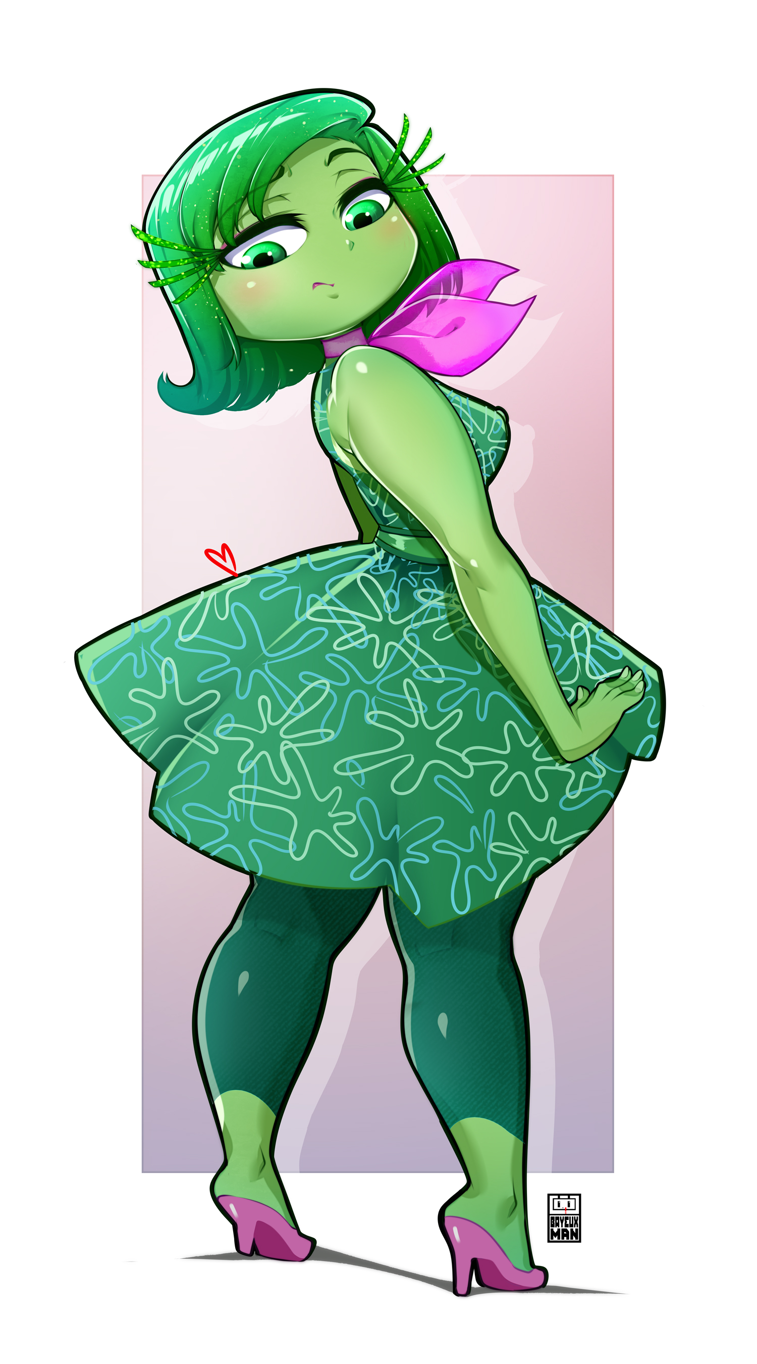 1girls, ass, bayeuxman, big ass, big butt, bubble ass, bubble butt, disgust (inside out), female, female focus, female only, green hair, green skin, inside out, large ass, large butt, solo, solo female, solo focus