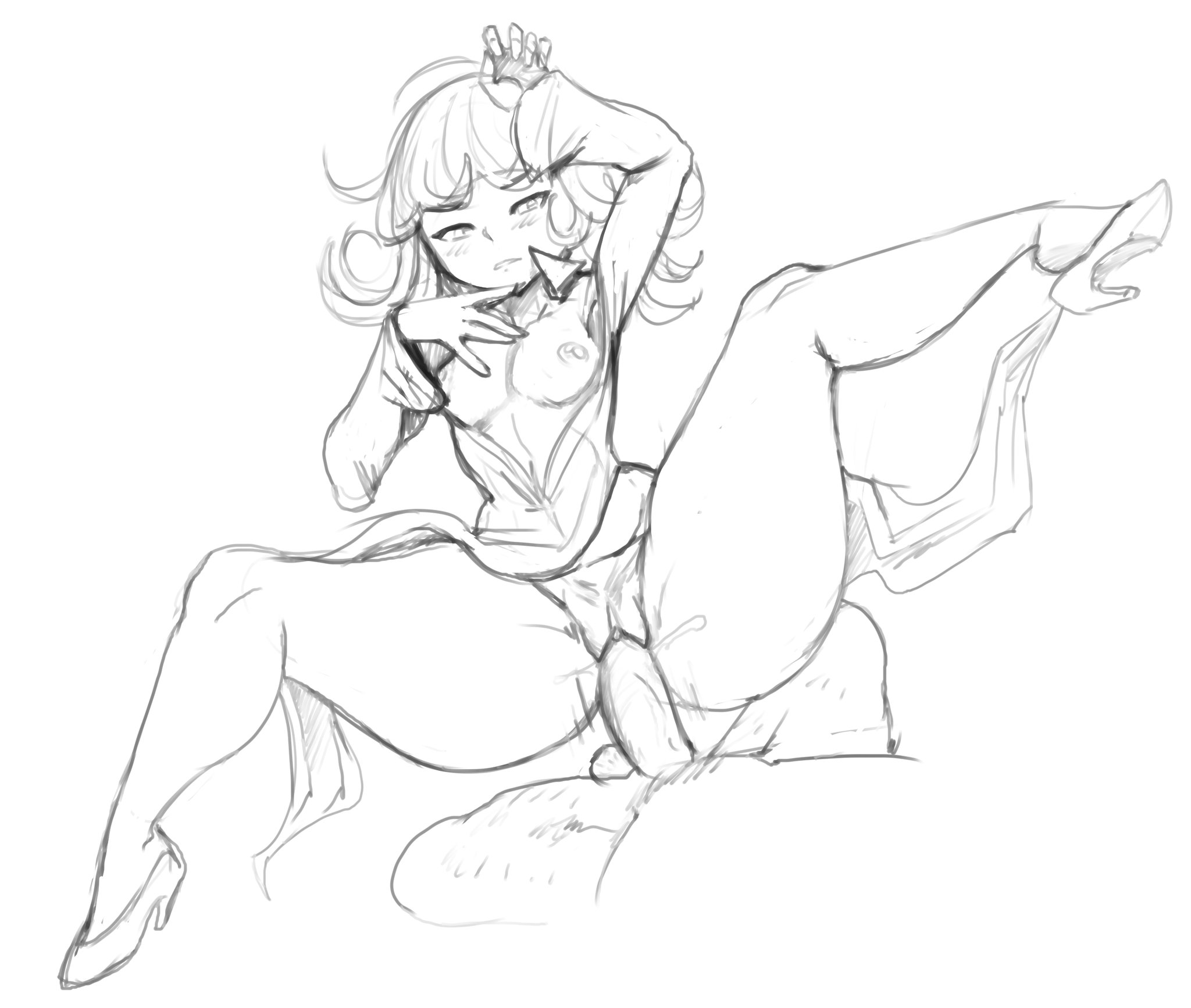 1boy, 1girls, blush, breasts, female, flat chest, high heels, huge thighs, looking at viewer, male, monochrome, nipples, one-punch man, pov, pussy, sex, small breasts, straight, tatsumaki, thecon, thick thighs, vaginal penetration, wide hips